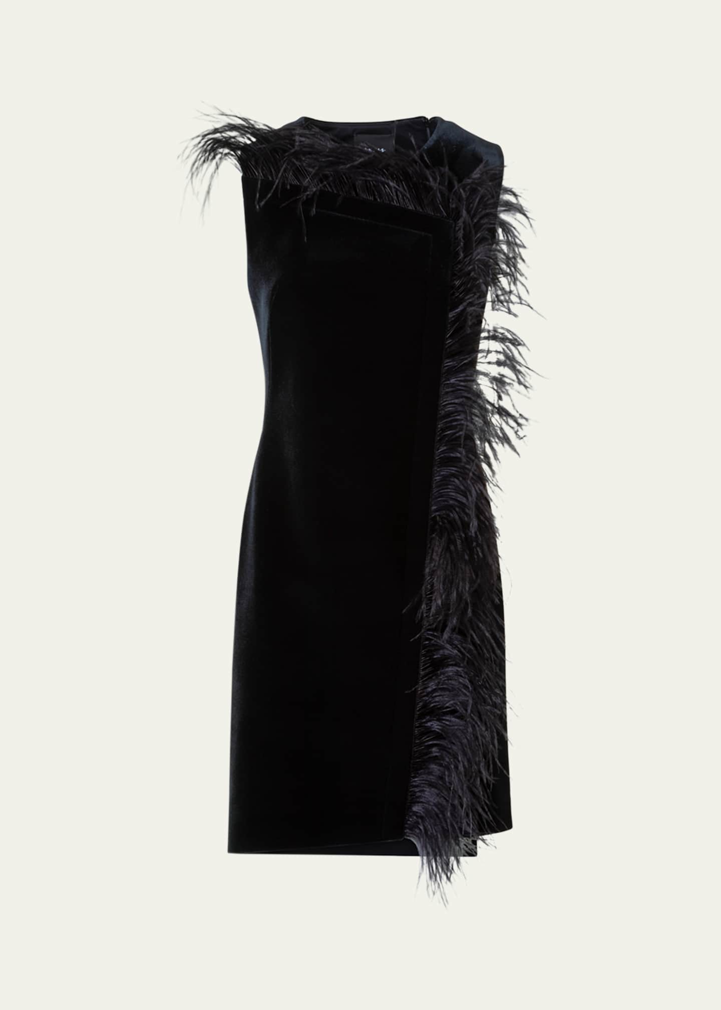 Akris Neoprene Velvet Feather-Trim Asymmetric Mini Dress - Bergdorf Goodman