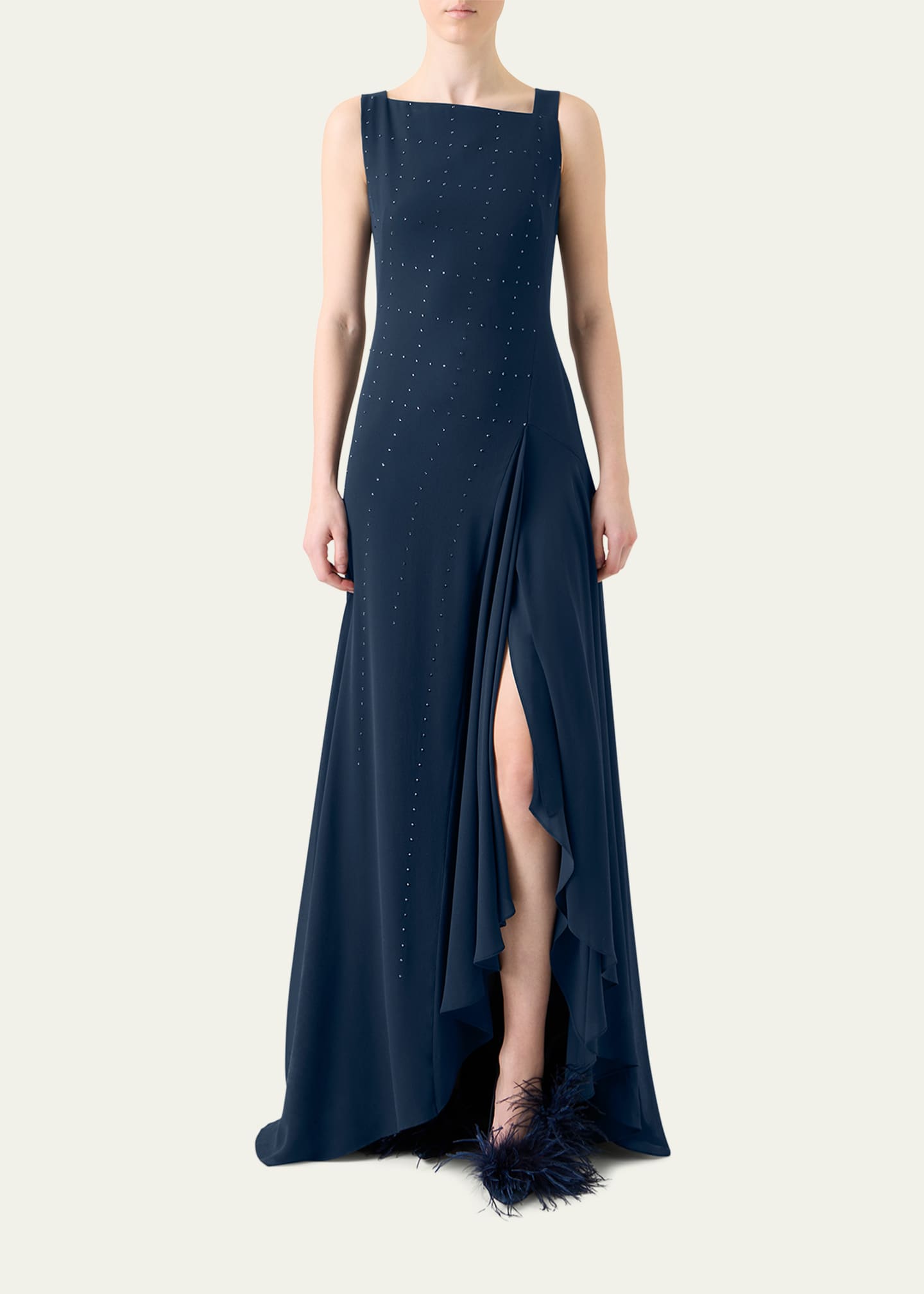 akris dress Studded Sleeveless Asymmetric Flared Maxi Straight skirt and hem Sheer Scribble Dot Embroidered Flared