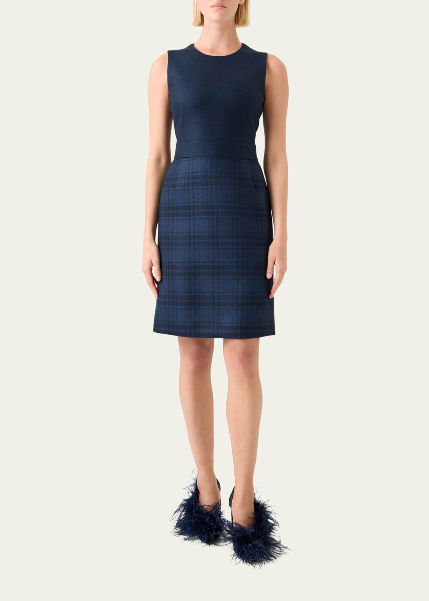 Short Wool Double-Face Plaid A-Line Dress Denim-Black / 6