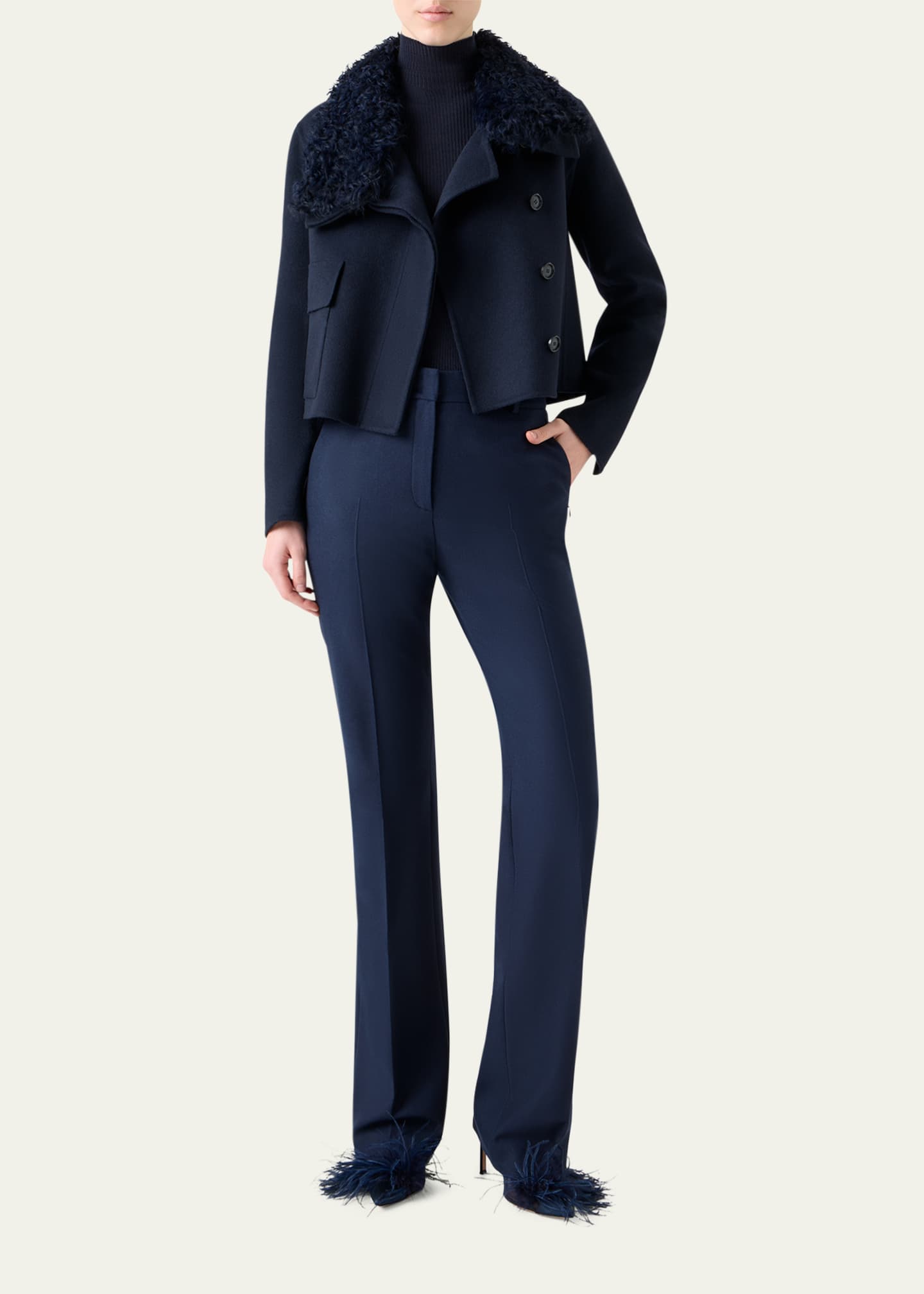 Edena Cashmere Short Jacket With Detachable Shearling Goat Collar