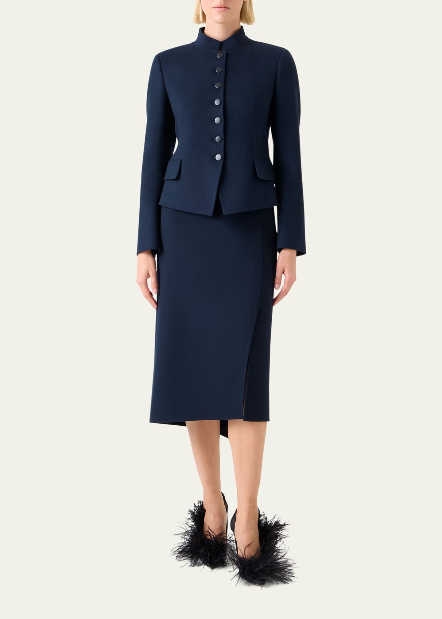 Akris Asymmetric Trapezoid Wool Flannel Double-Face Midi Skirt Image 2 of 5