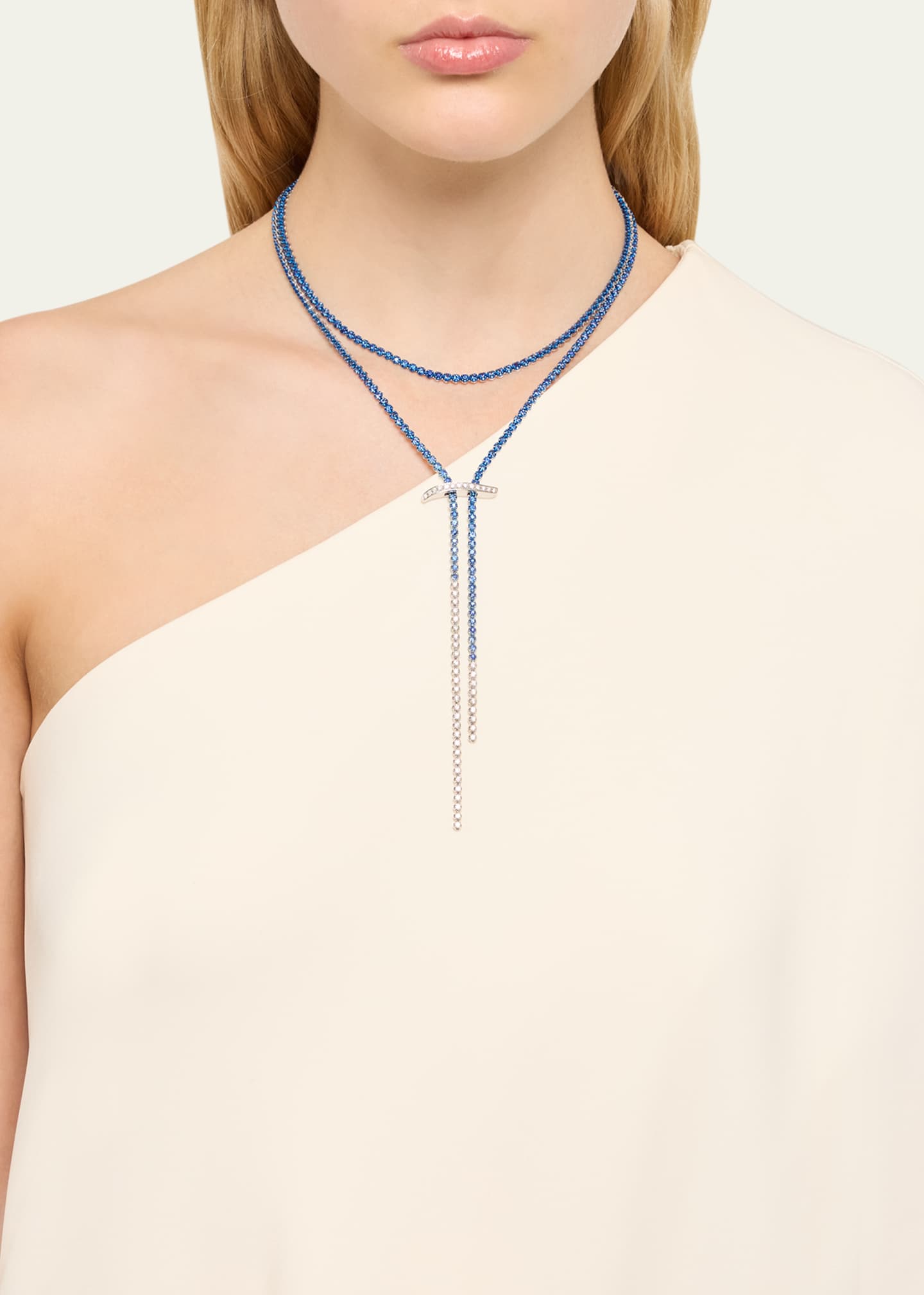 Graziela Gems 18K White Gold Mega Swirl Ombre Diamond and Sapphire Lariat Necklace Image 3 of 3