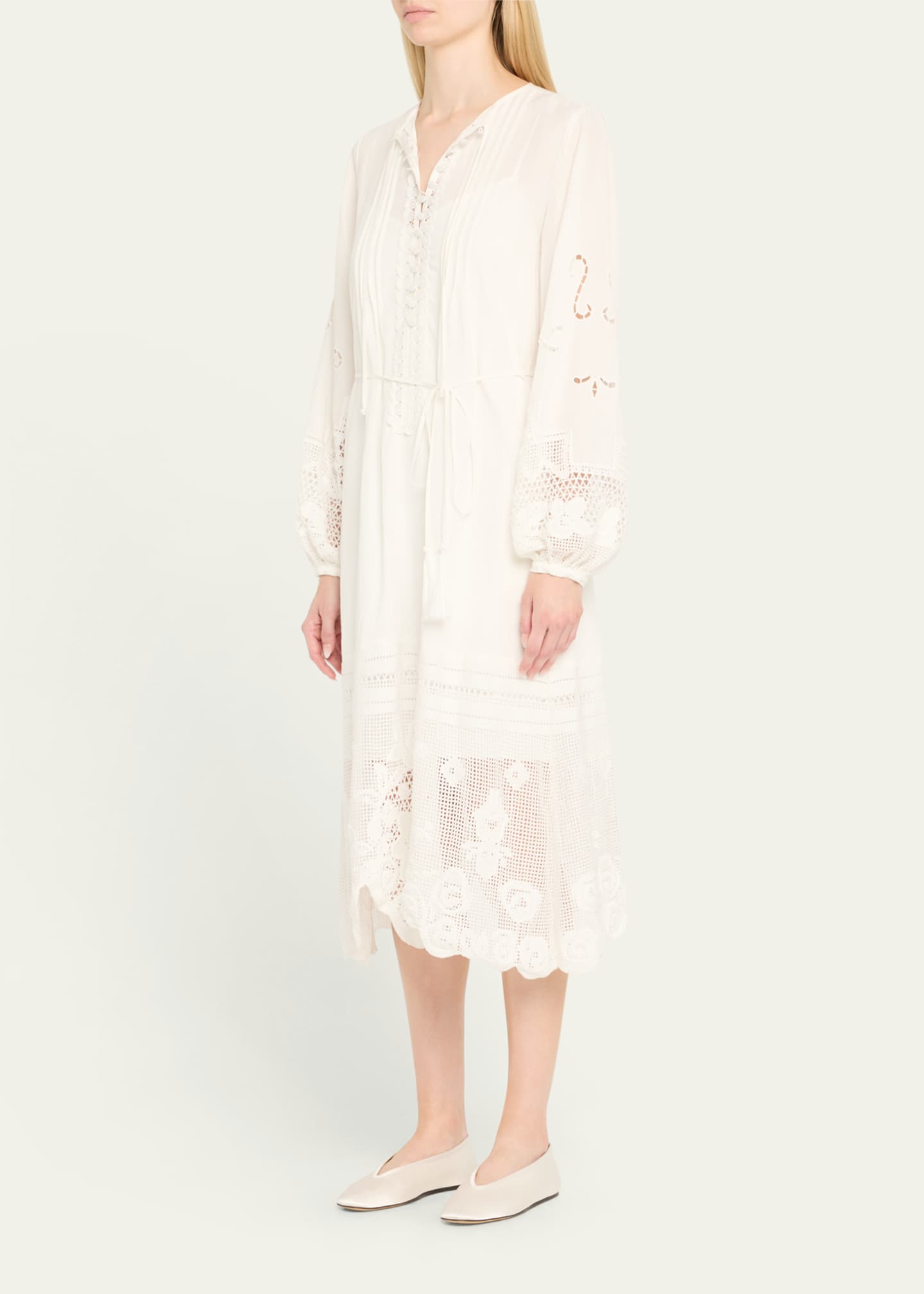 Kobi Halperin Yelle Pintuck Lace-Inset Linen Midi Dress, Ivory, Women's, XS, Casual & Work Dresses Day Dresses Sundresses