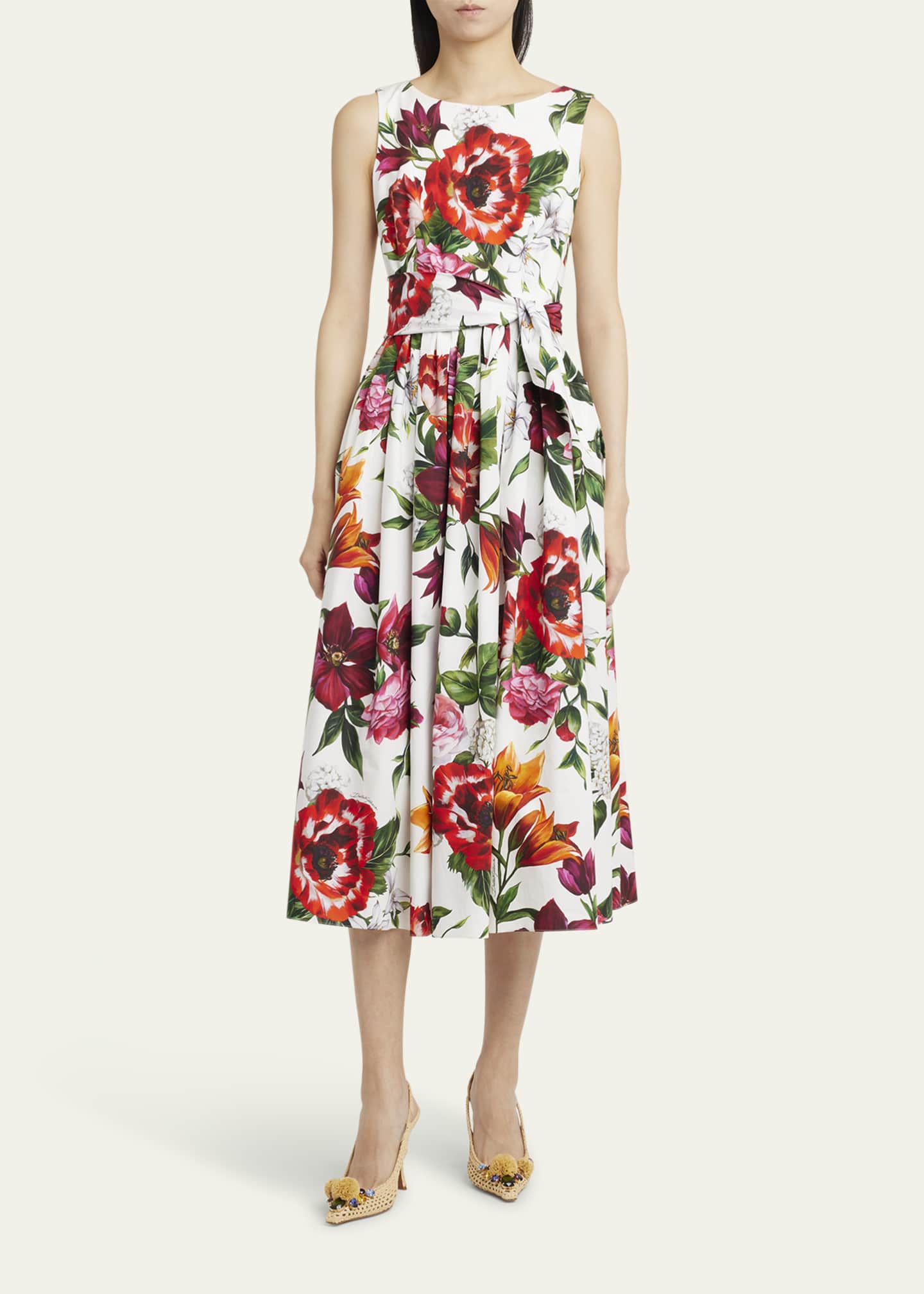 Dolce&Gabbana Anemone Floral Pleated Popeline Midi Dress With Belt Image 2 of 5