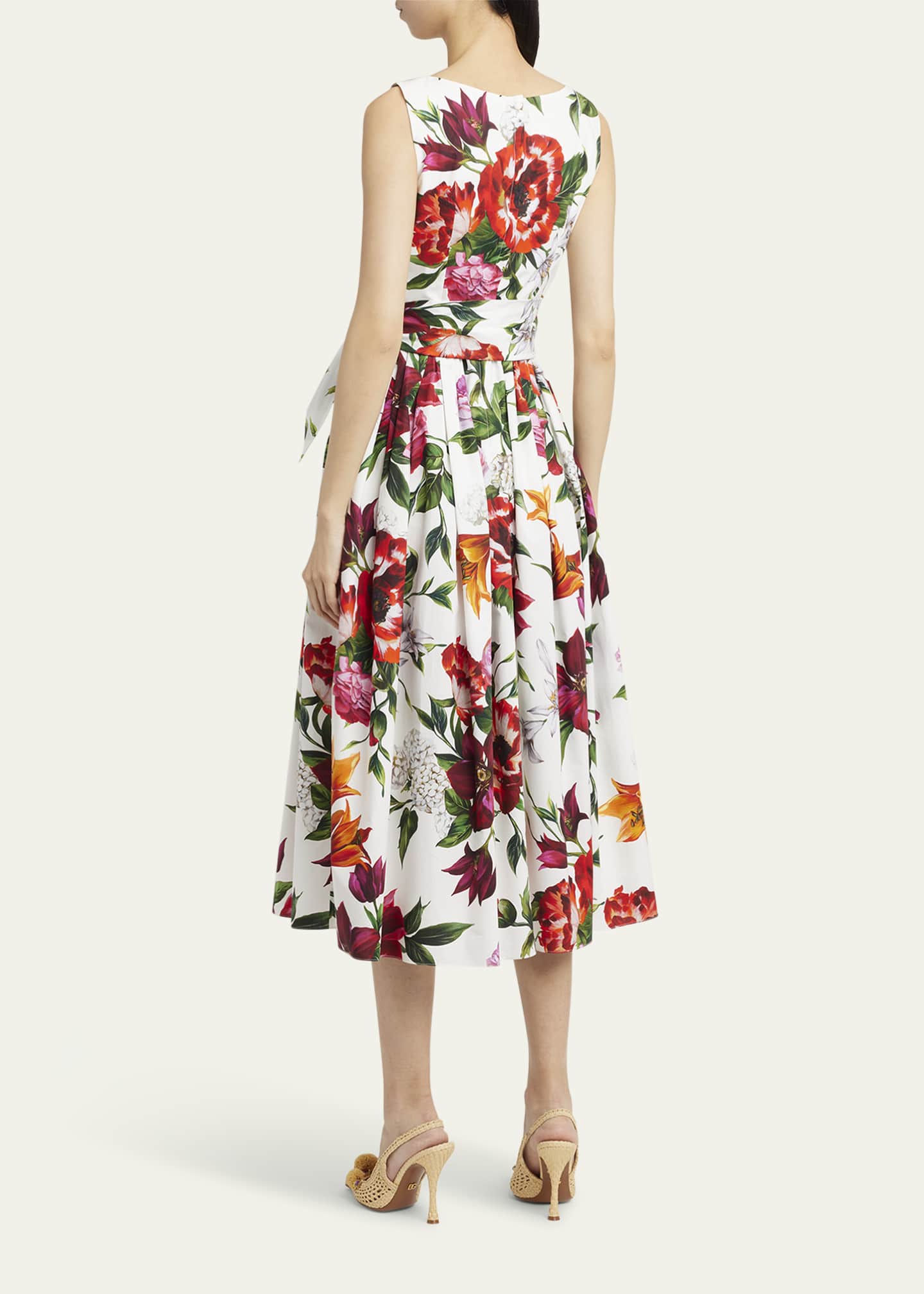 Dolce&Gabbana Anemone Floral Pleated Popeline Midi Dress With Belt Image 3 of 5