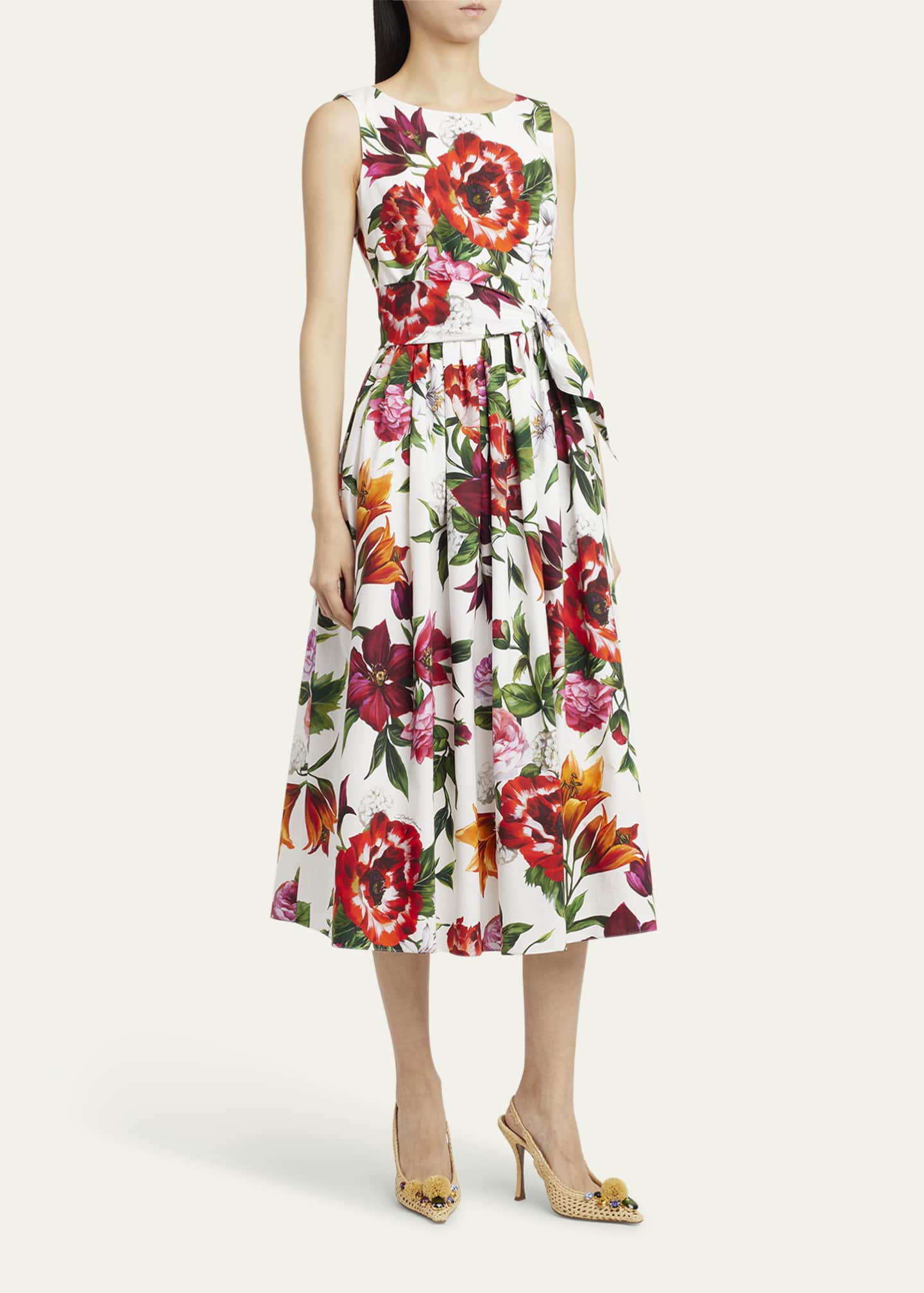 Dolce&Gabbana Anemone Floral Pleated Popeline Midi Dress With Belt Image 4 of 5