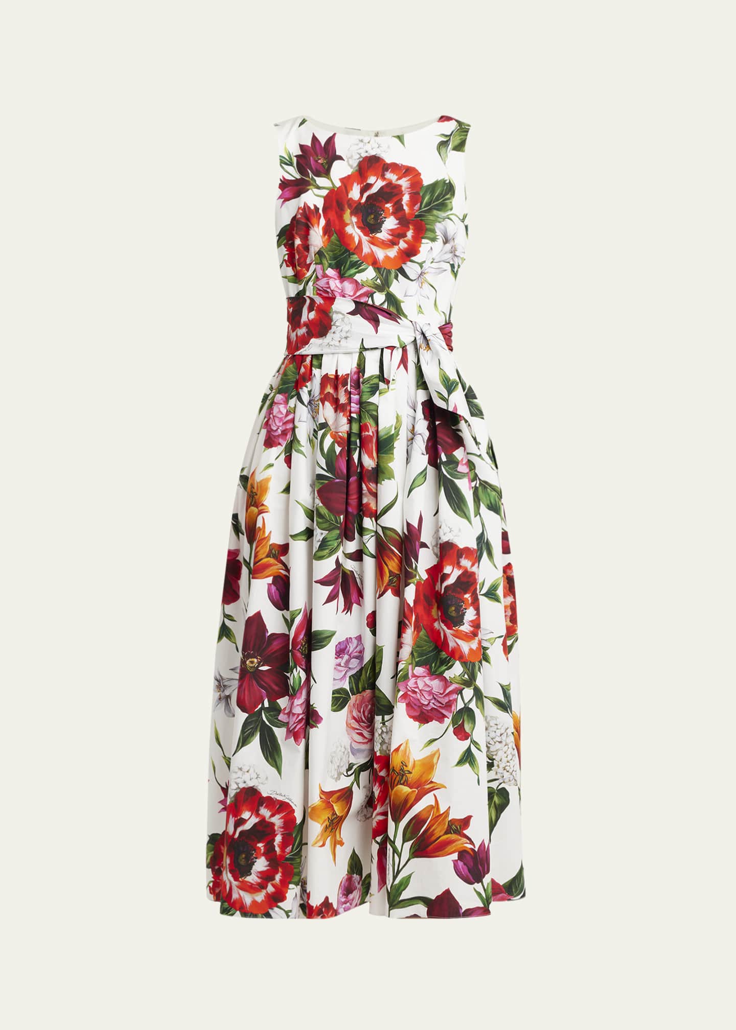 Dolce&Gabbana Anemone Floral Pleated Popeline Midi Dress With Belt Image 1 of 5