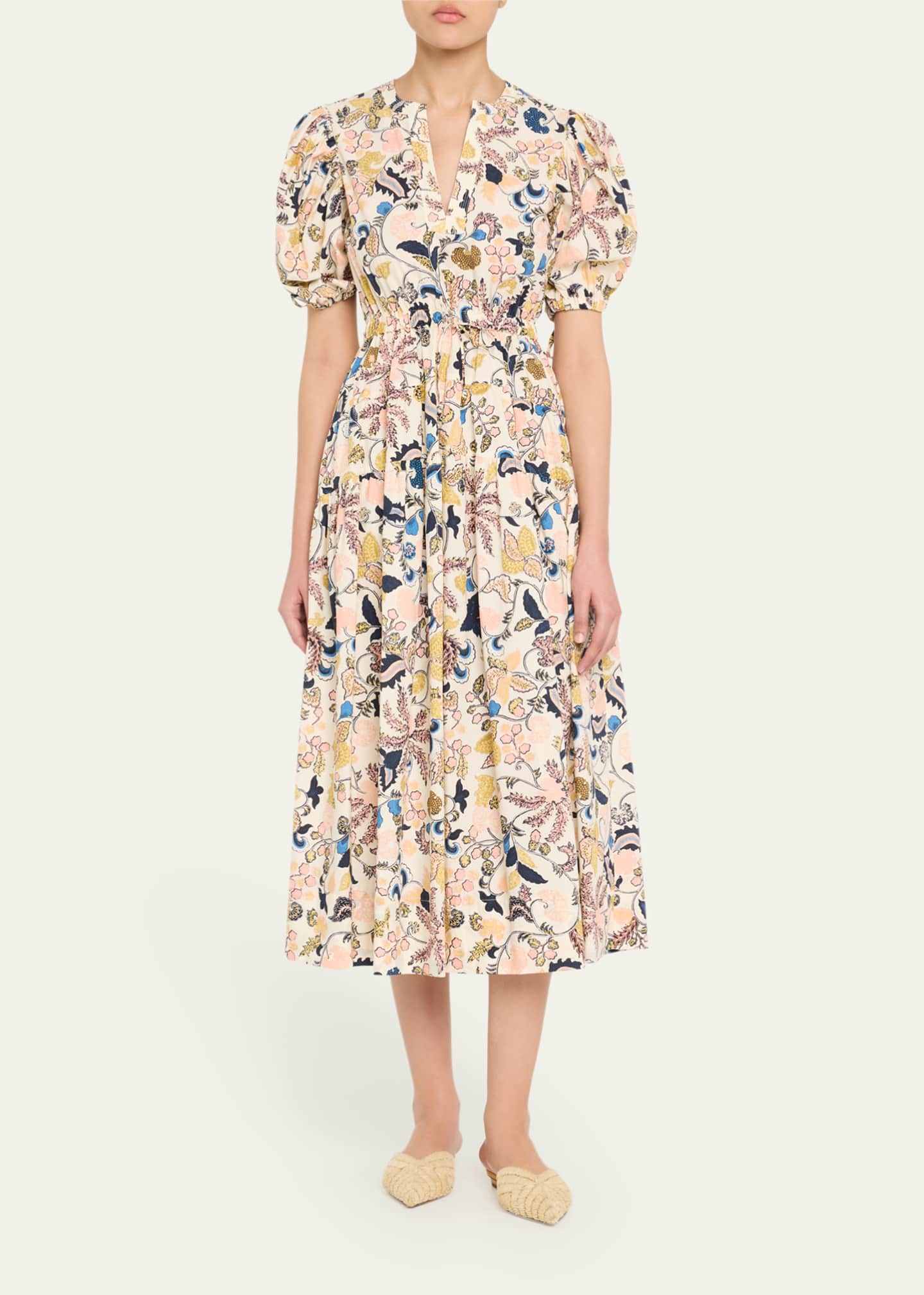 Ulla Johnson Adriana Puff-Sleeve V-Neck Midi Dress Image 2 of 5