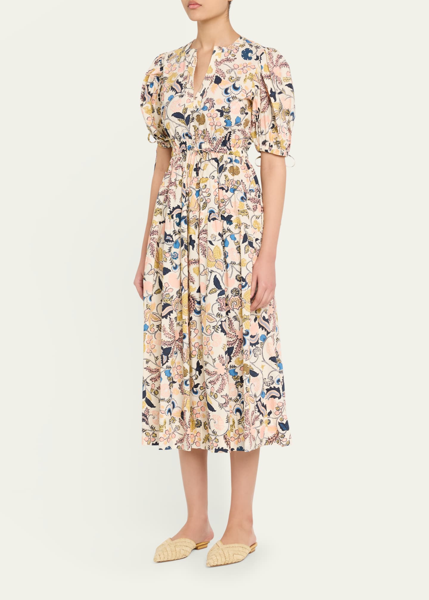 Ulla Johnson Adriana Puff-Sleeve V-Neck Midi Dress Image 4 of 5