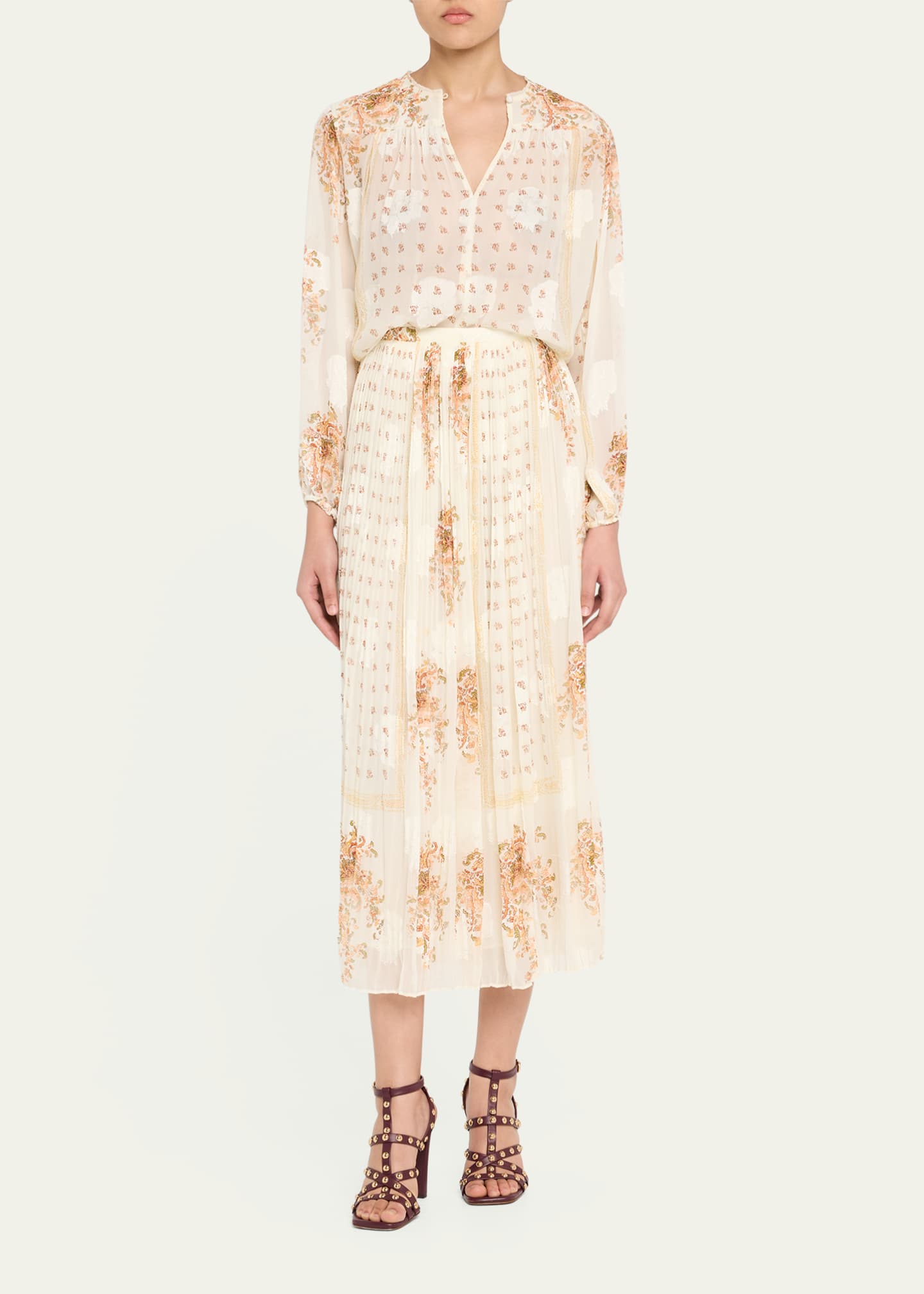 Ulla Johnson Brion Pleated Floral Silk Lace Midi Skirt Image 2 of 5