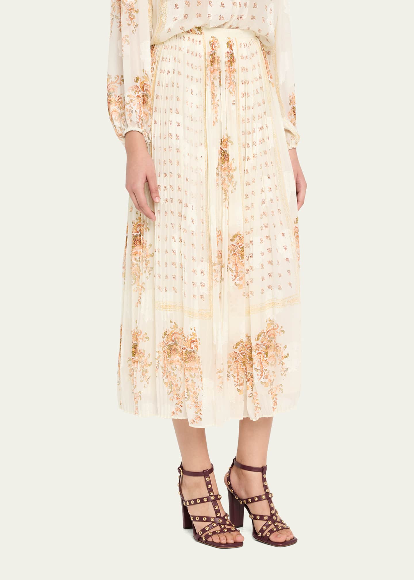 Ulla Johnson Brion Pleated Floral Silk Lace Midi Skirt Image 4 of 5