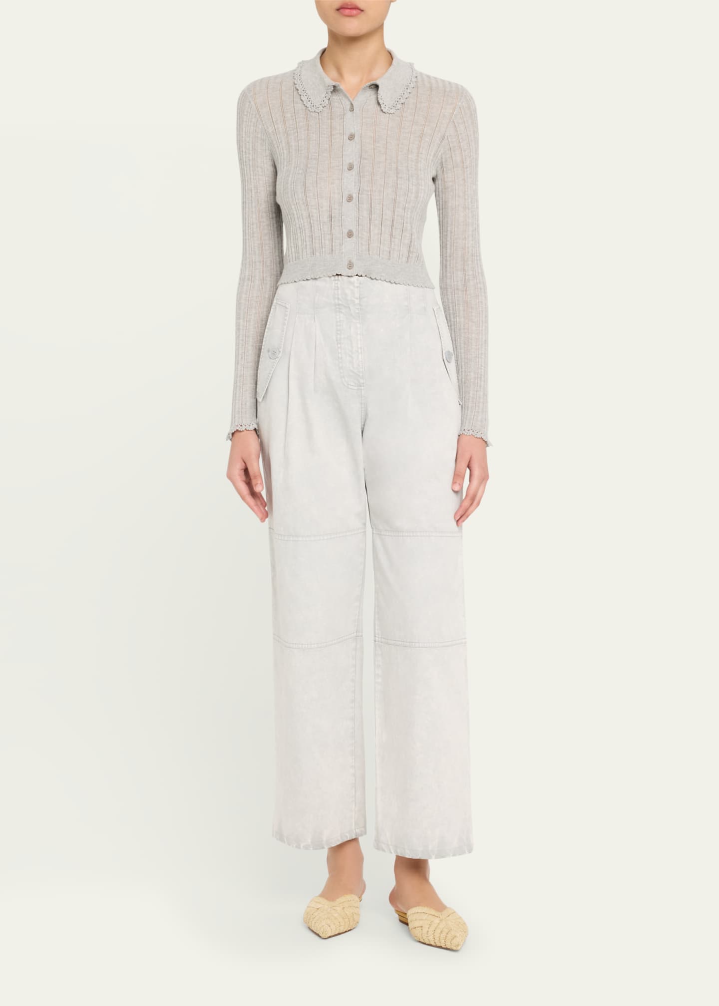 Ulla Johnson Lottie Collared Cropped Pointelle Knit Cardigan Image 2 of 5
