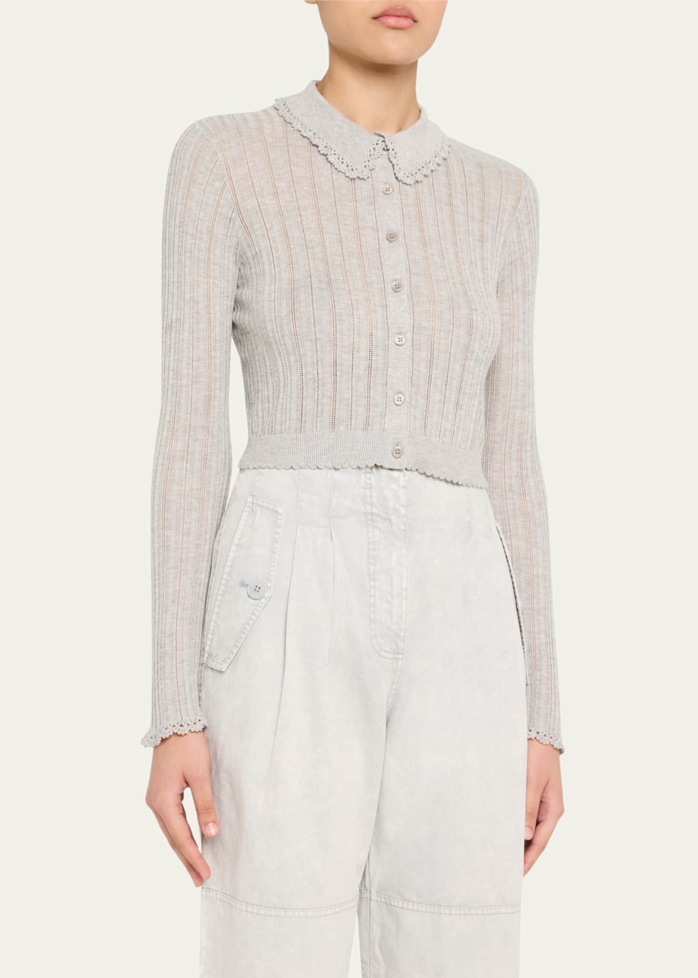 Ulla Johnson Lottie Collared Cropped Pointelle Knit Cardigan Image 4 of 5