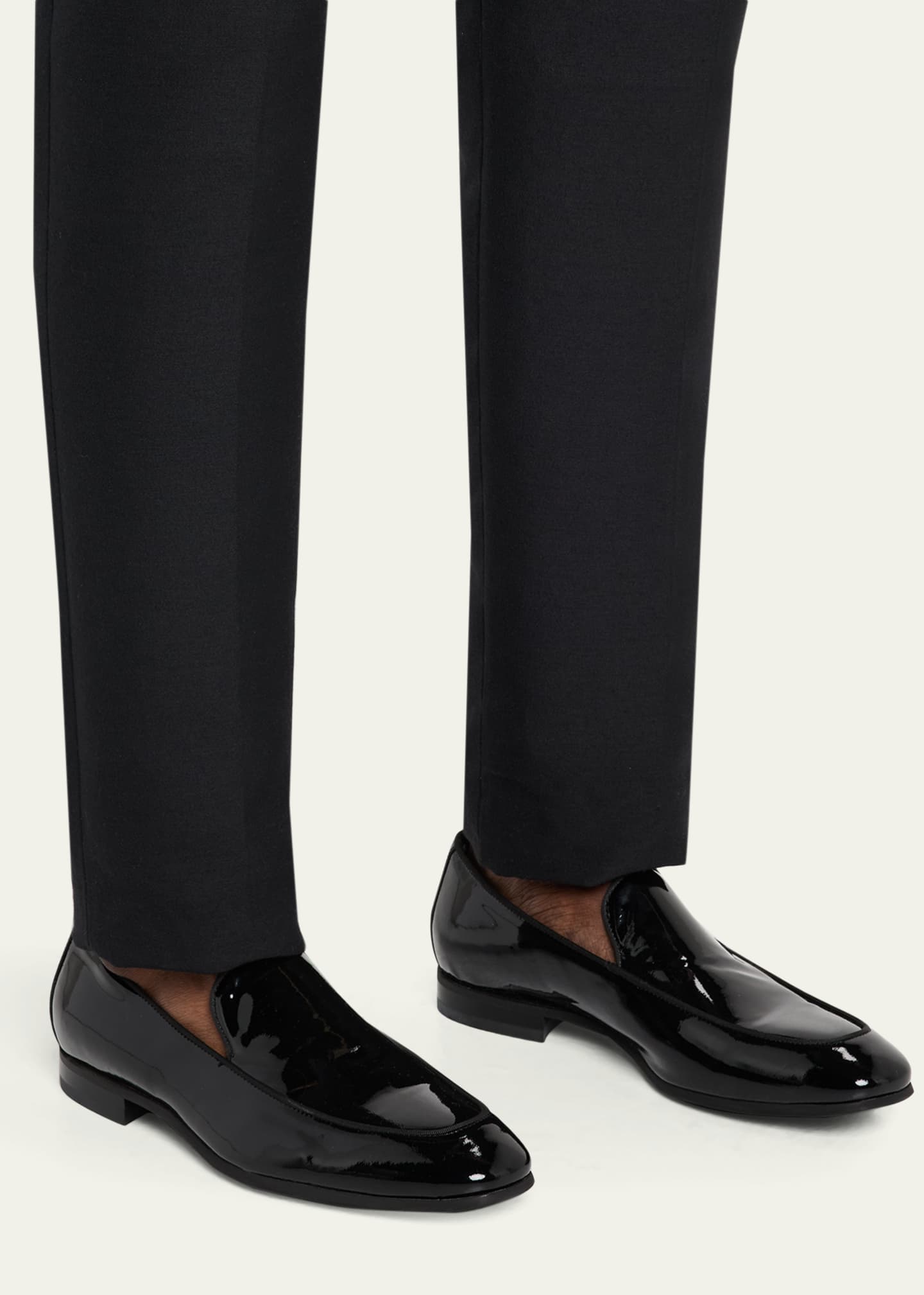 Bergdorf Goodman Men's Piped Patent Leather Apron-Toe Venetian Loafers Image 2 of 6
