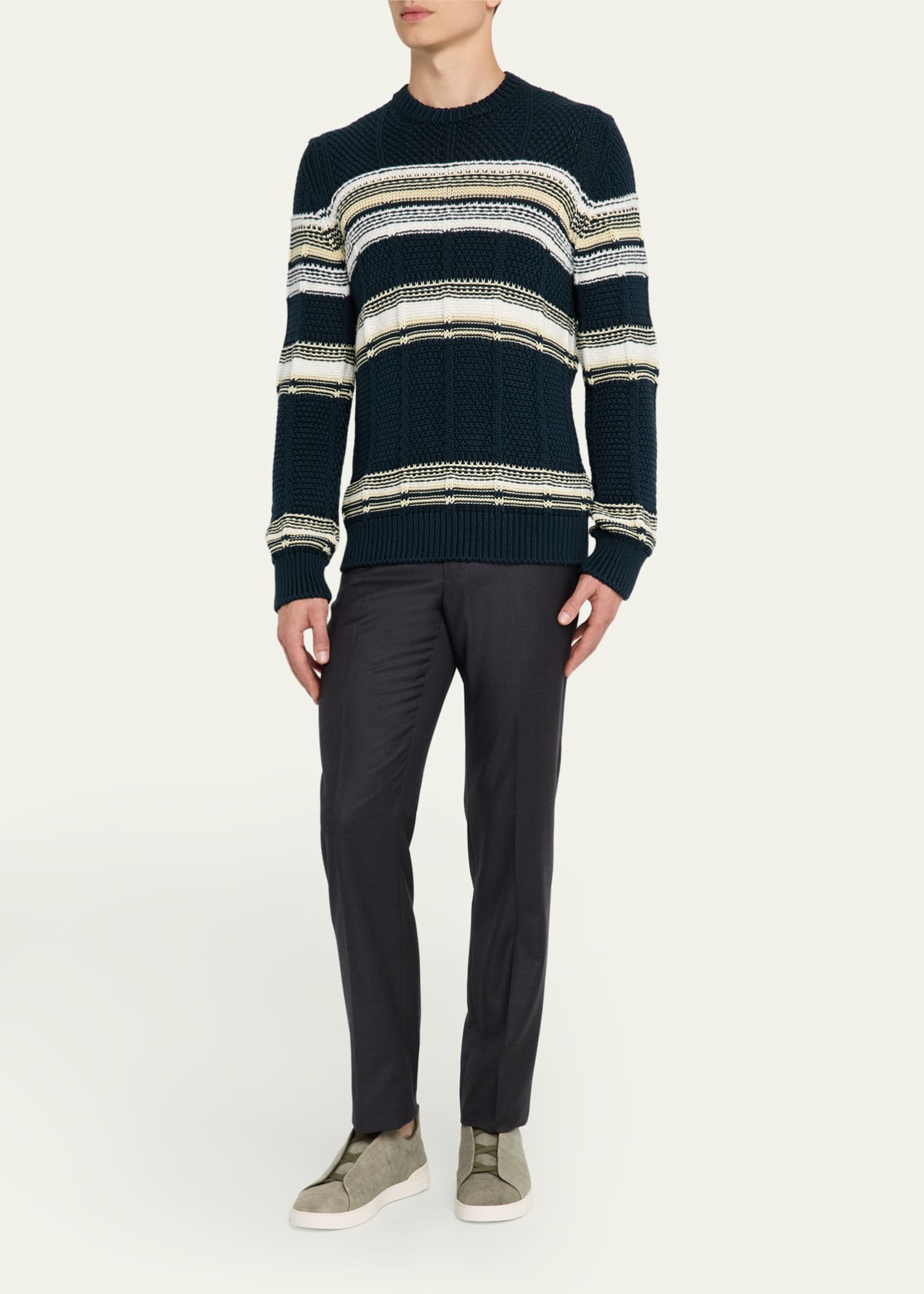 ZEGNA Men's Stripe Jacquard Crewneck Sweater Image 2 of 5