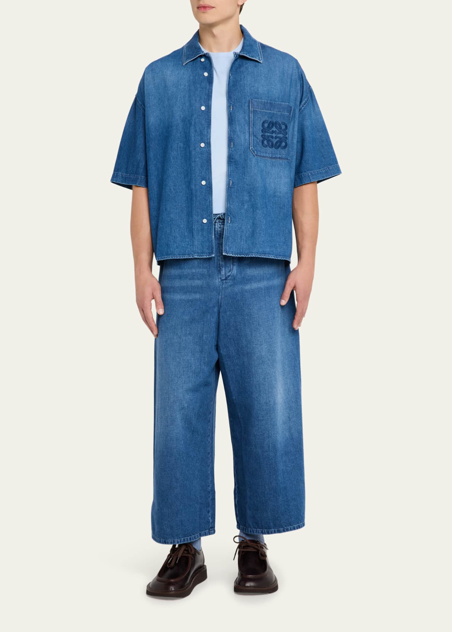 Loewe Men's Denim Anagram Pocket Short-Sleeve Shirt Image 2 of 5