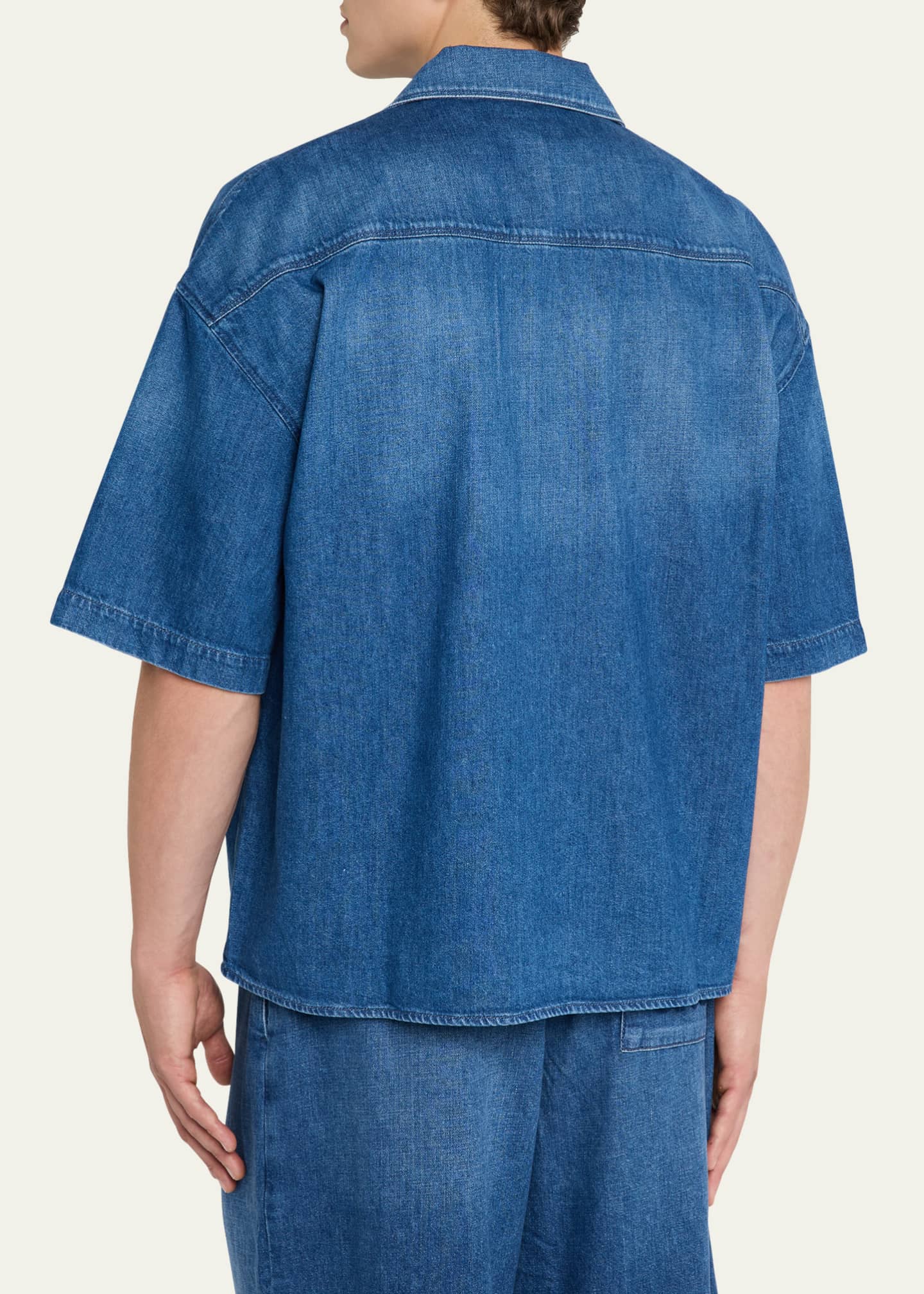 Loewe Men's Denim Anagram Pocket Short-Sleeve Shirt Image 3 of 5