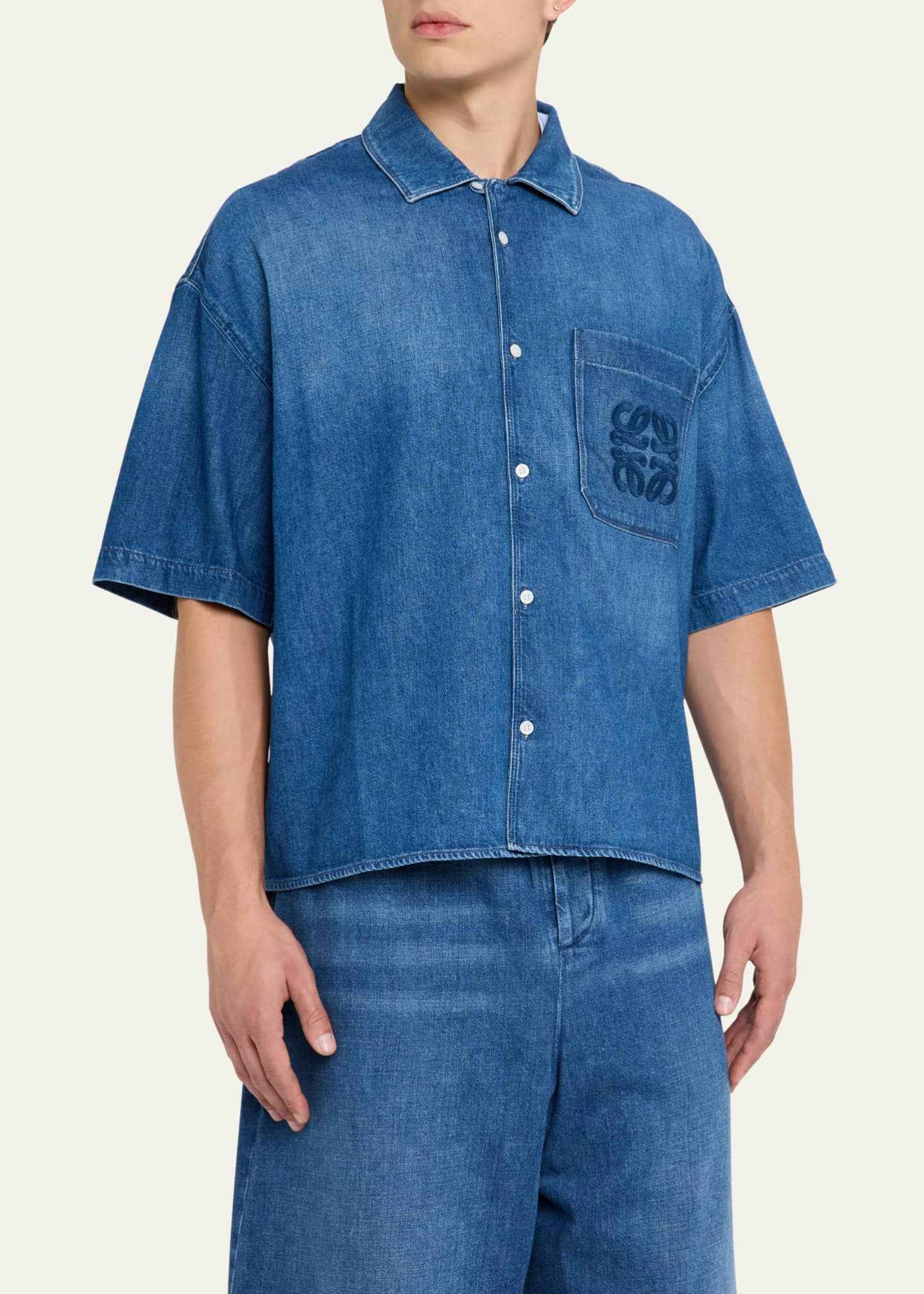 Loewe Men's Denim Anagram Pocket Short-Sleeve Shirt Image 4 of 5