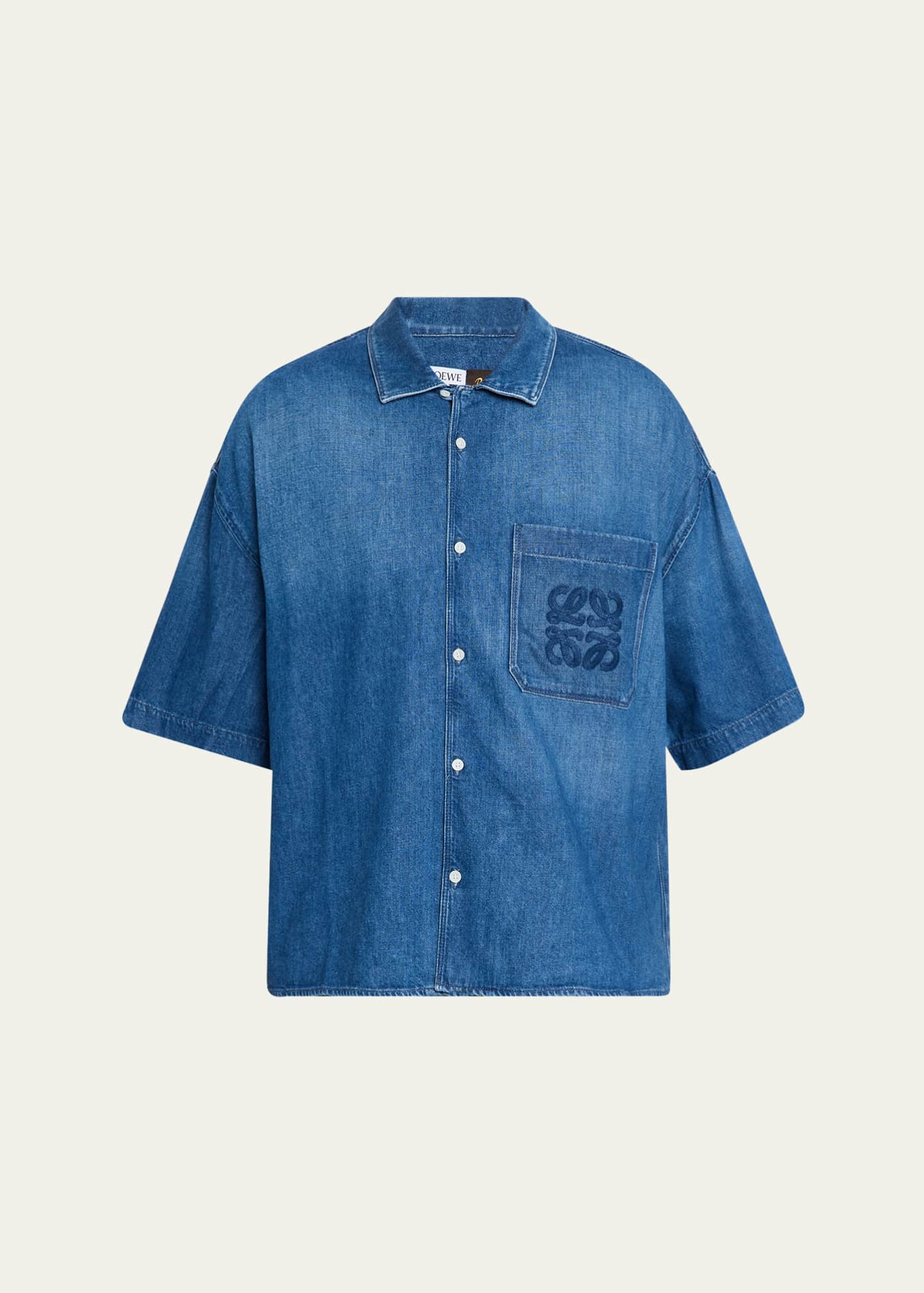Loewe Men's Denim Anagram Pocket Short-Sleeve Shirt Image 1 of 5