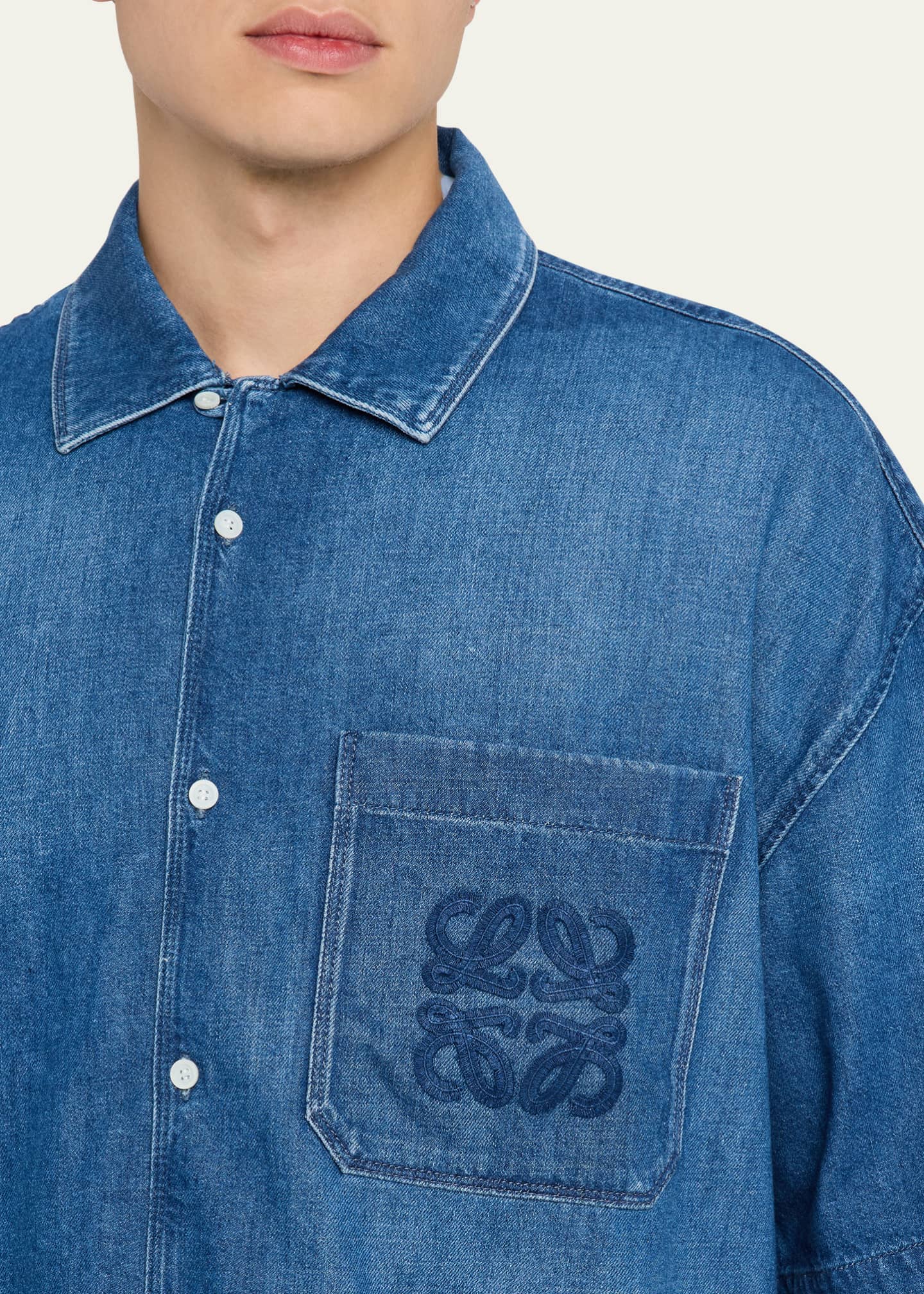 Loewe Men's Denim Anagram Pocket Short-Sleeve Shirt Image 5 of 5