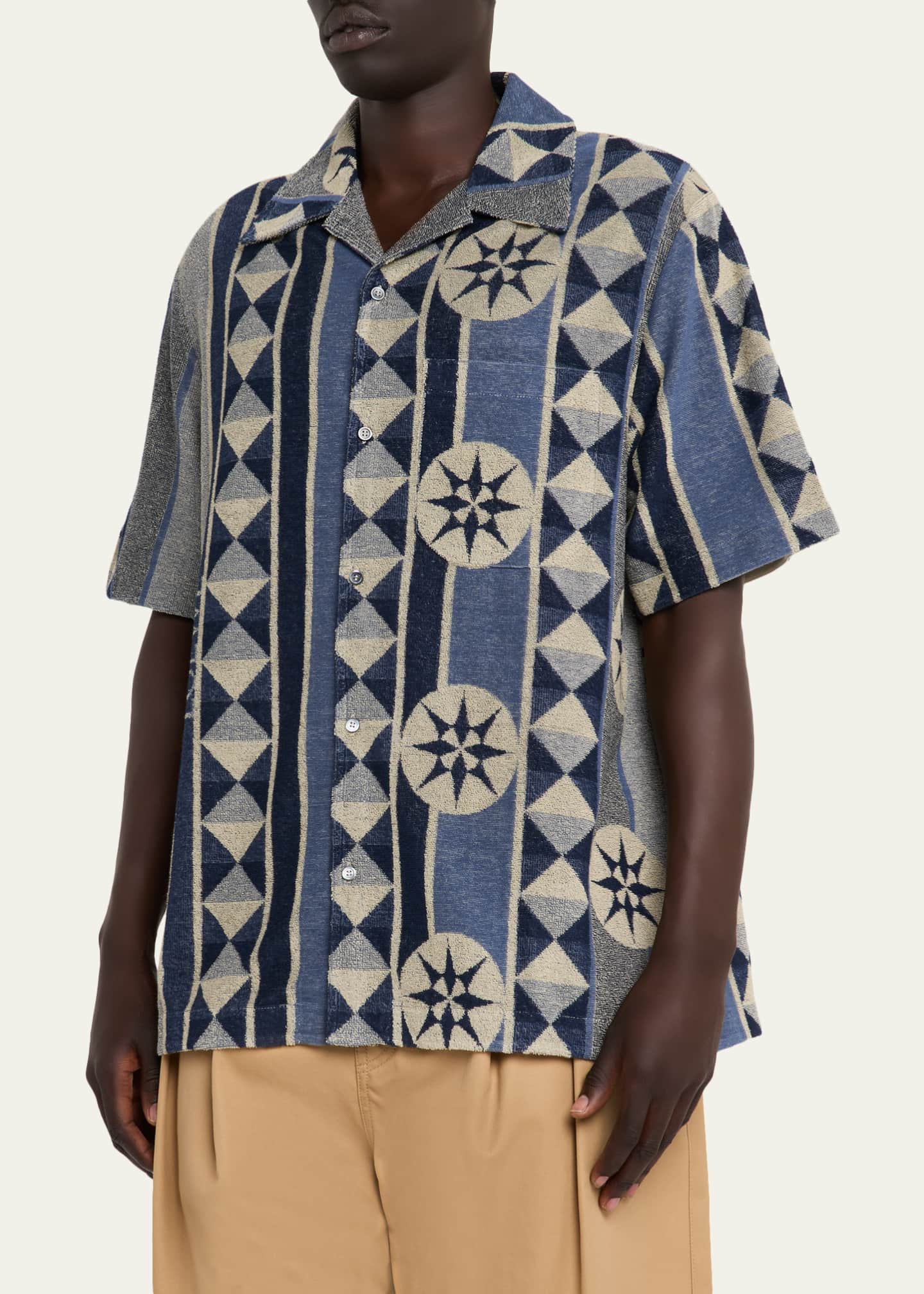 Loewe Men's Cotton Terry Compass-Print Camp Shirt Image 4 of 5
