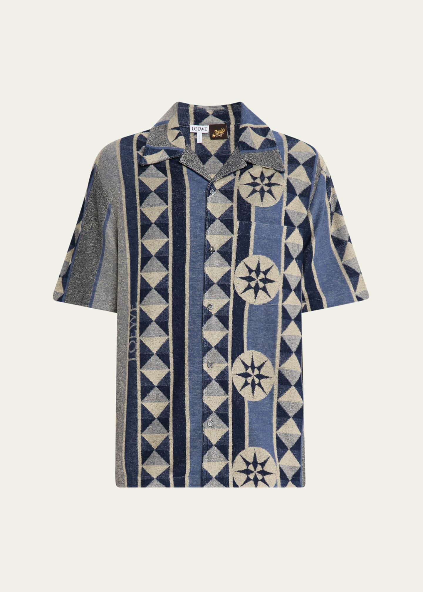 Loewe Men's Cotton Terry Compass-Print Camp Shirt Image 1 of 5
