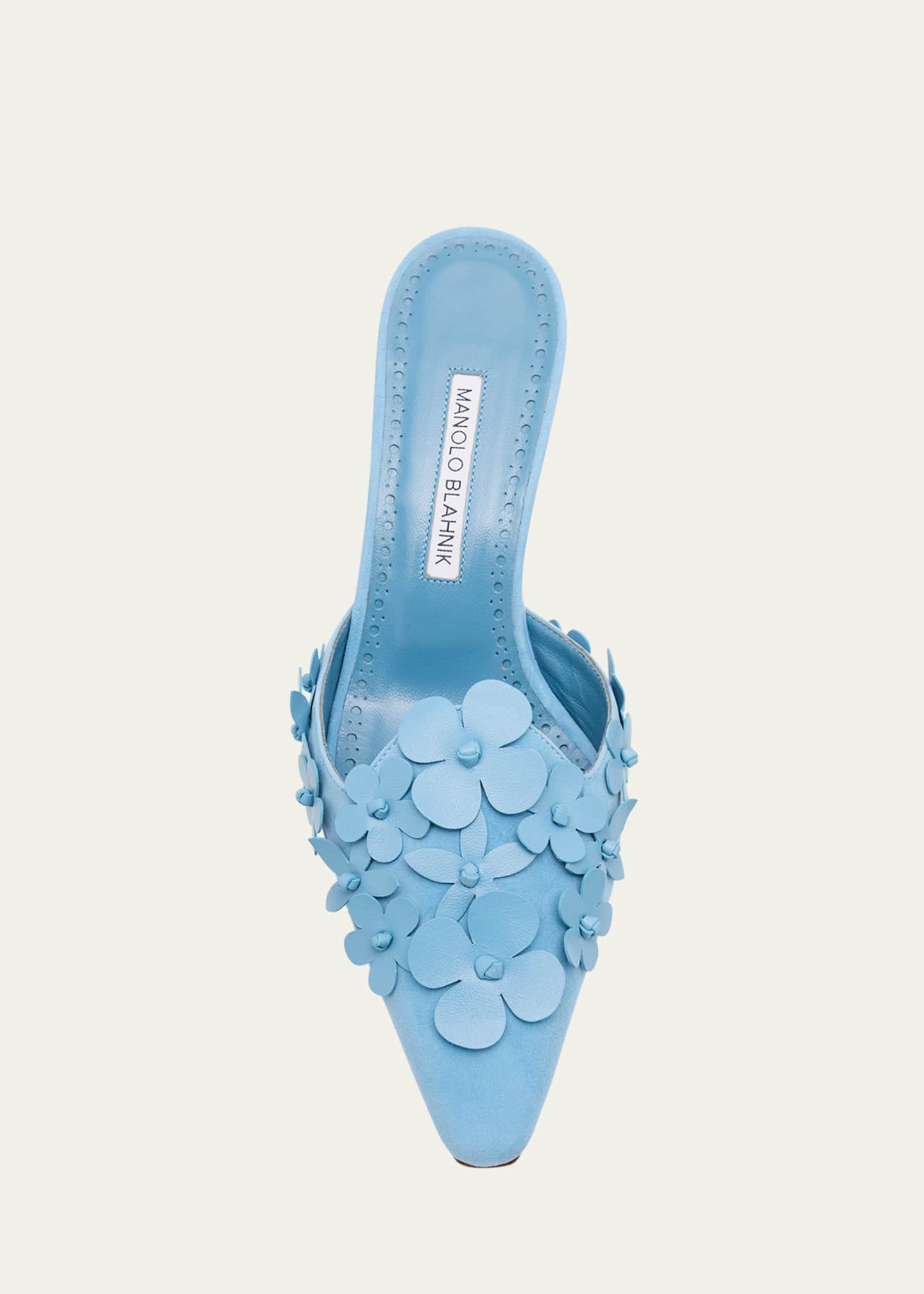 Manolo Blahnik Harnes Flower Suede Kitten-Heel Mules Image 6 of 6