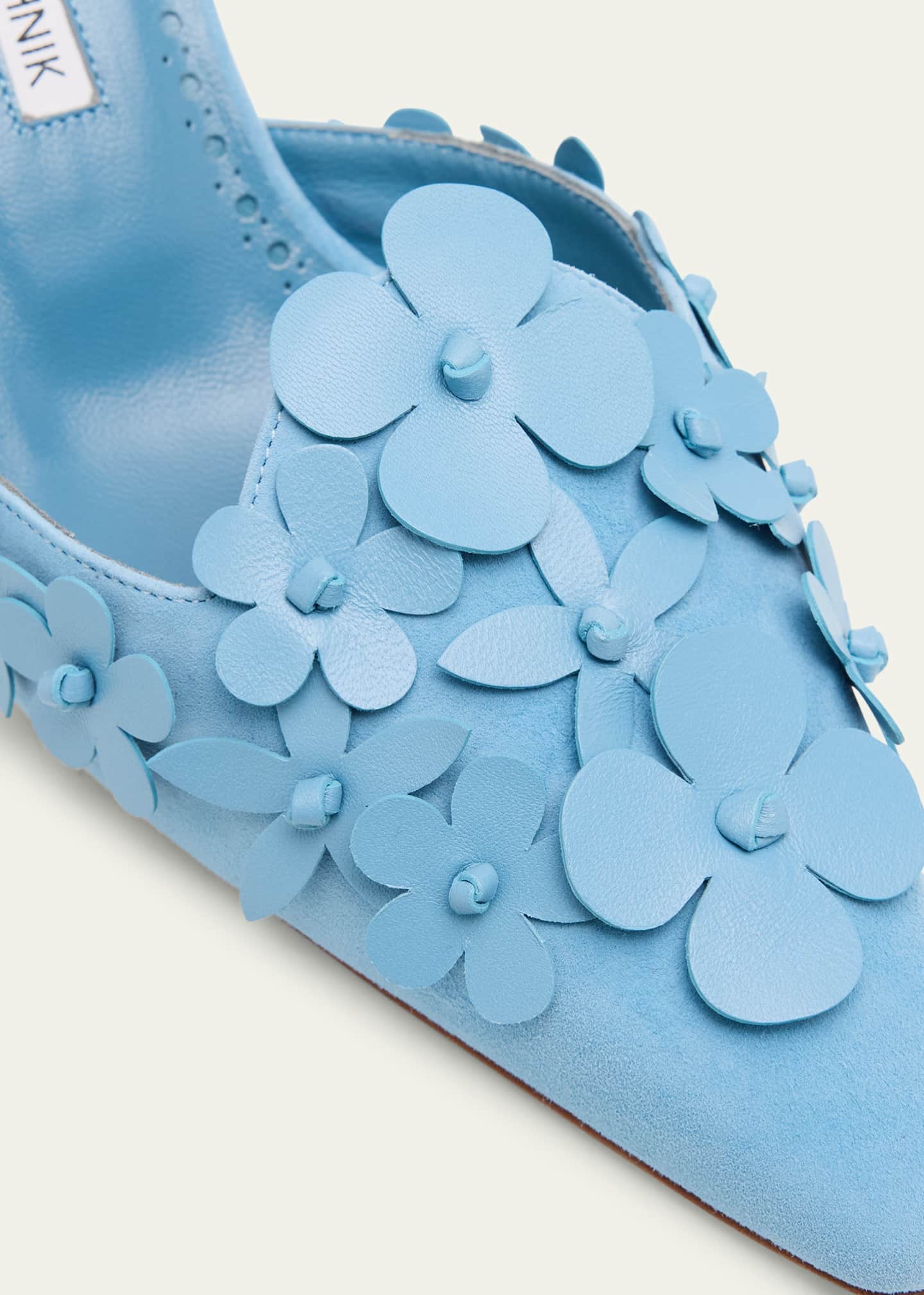 Manolo Blahnik Harnes Flower Suede Kitten-Heel Mules Image 5 of 6