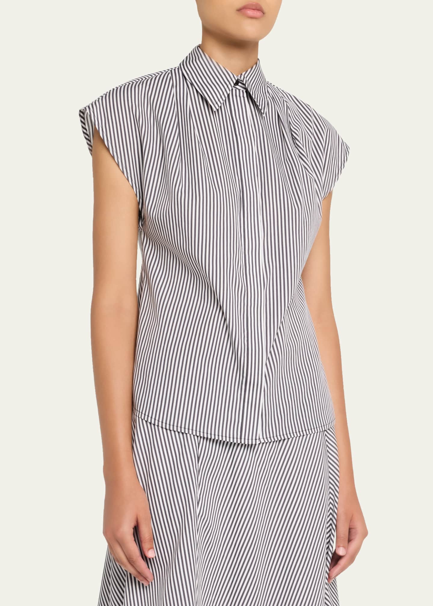 Brandon Maxwell Gabi Striped Cap-Sleeve Button-Down Shirt Image 4 of 5