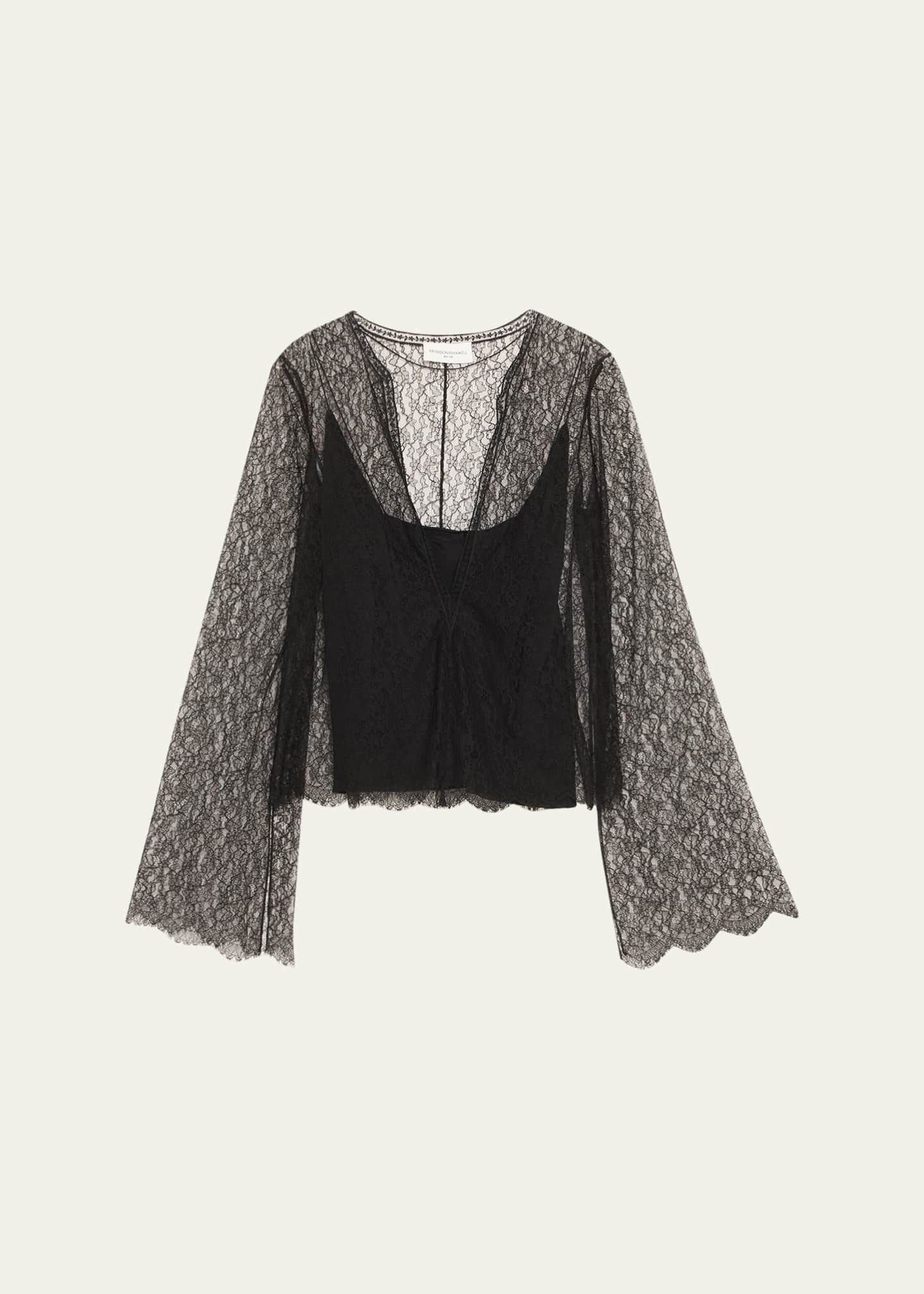 Brandon Maxwell Eloise Plunging Lace Long-Sleeve Top Image 1 of 5
