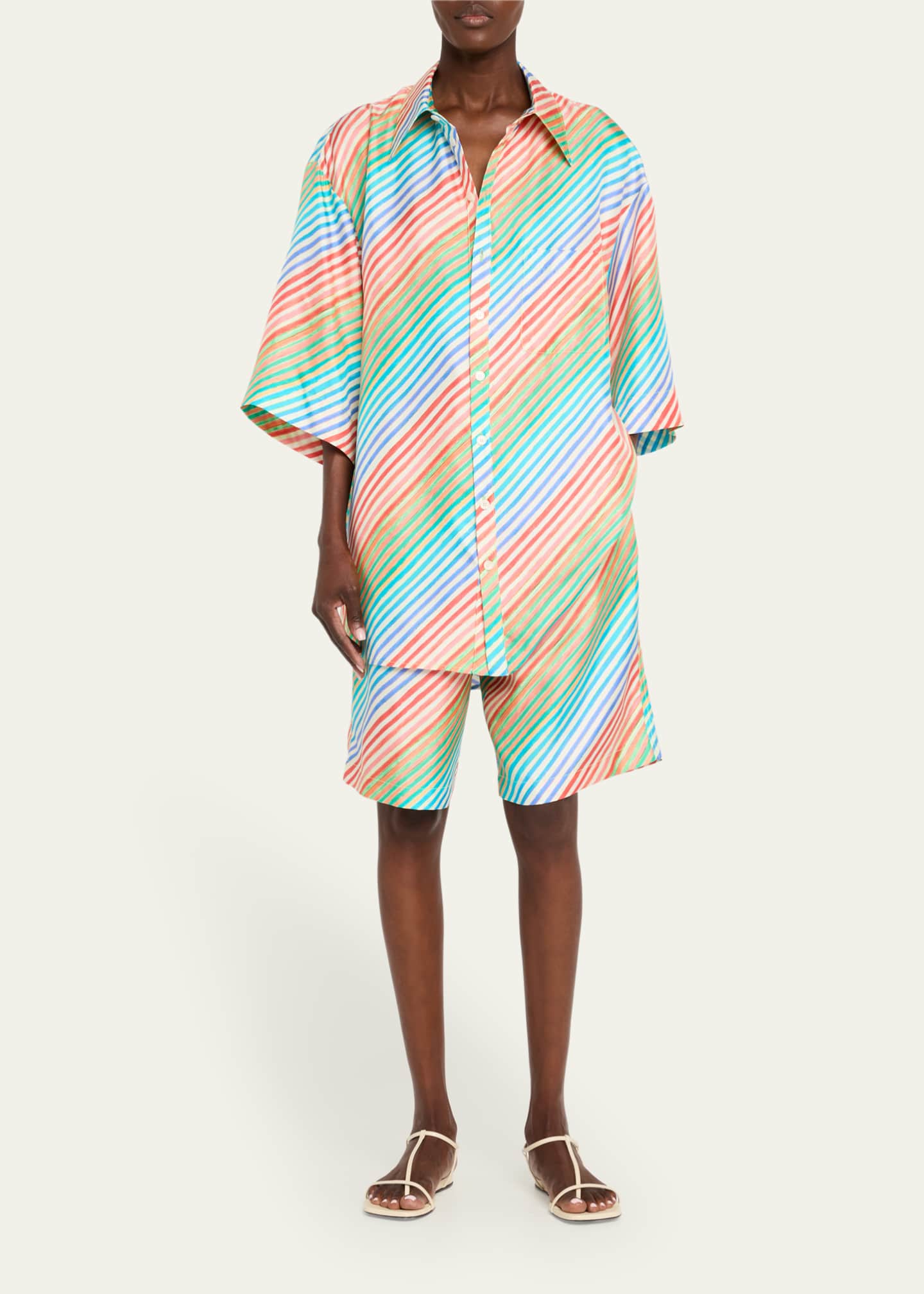 CHRISTOPHER JOHN ROGERS Crayon Stripe Jumbo Short Sleeve Silk Shirt Image 2 of 5