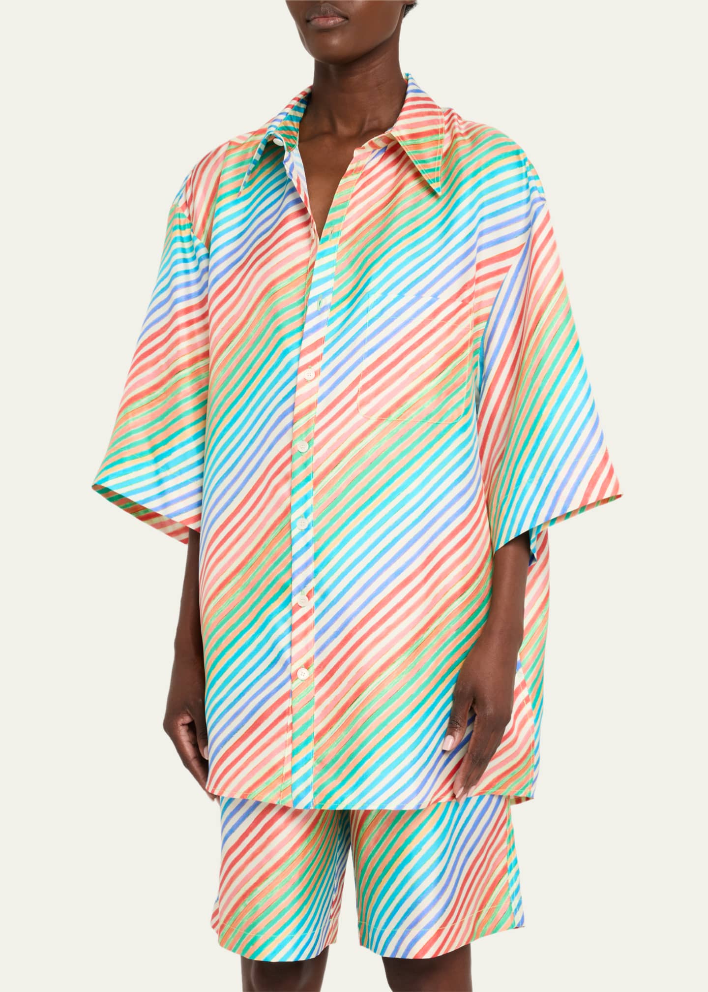 CHRISTOPHER JOHN ROGERS Crayon Stripe Jumbo Short Sleeve Silk Shirt Image 4 of 5