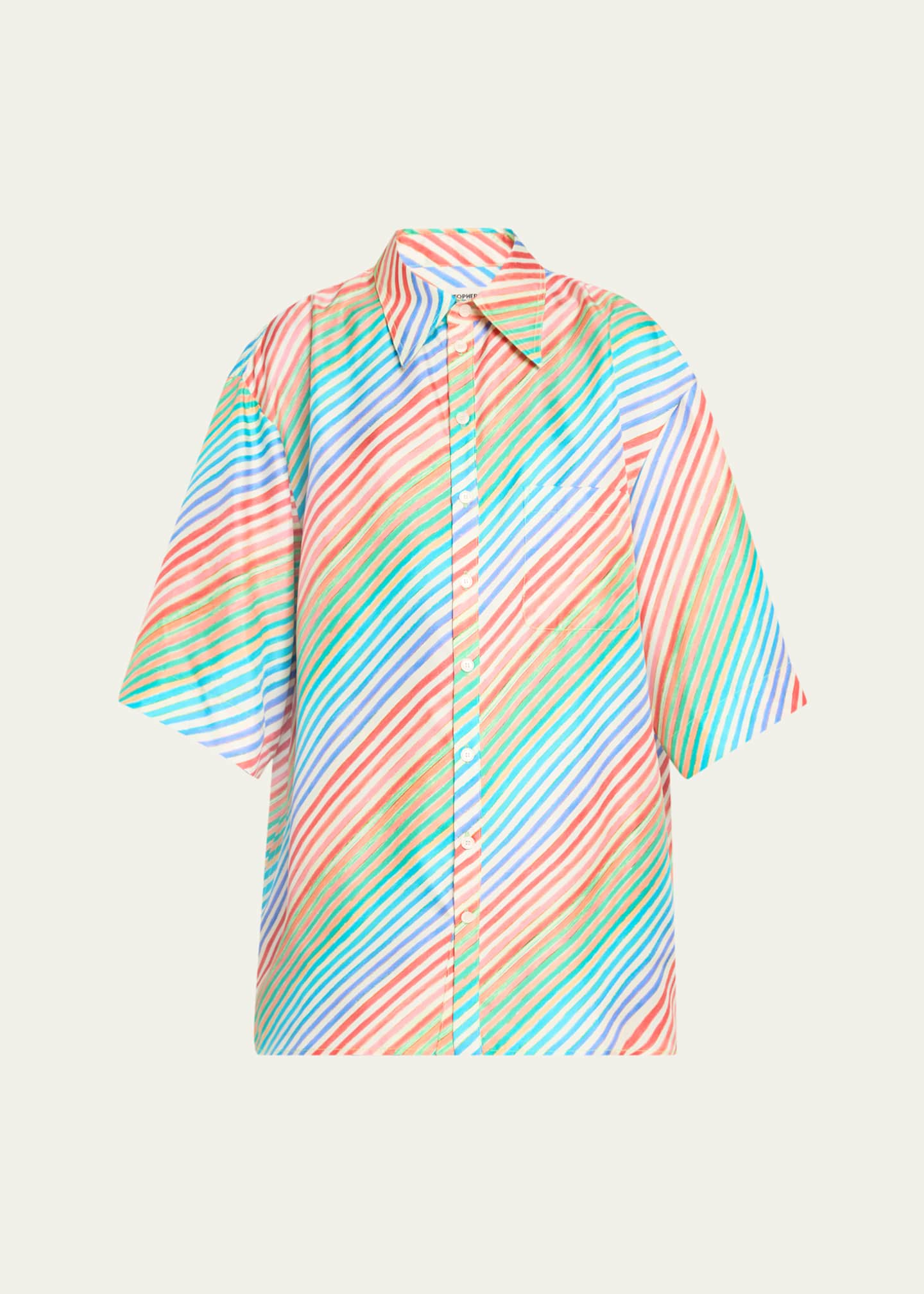 CHRISTOPHER JOHN ROGERS Crayon Stripe Jumbo Short Sleeve Silk Shirt Image 1 of 5