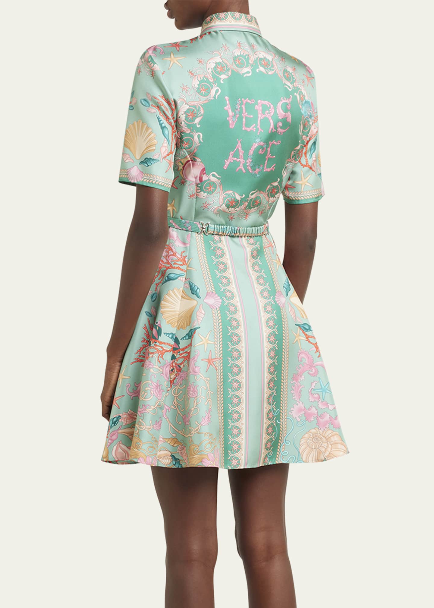 Versace Underwater Barocco Foulard Belted Silk Twill Dress Image 3 of 5