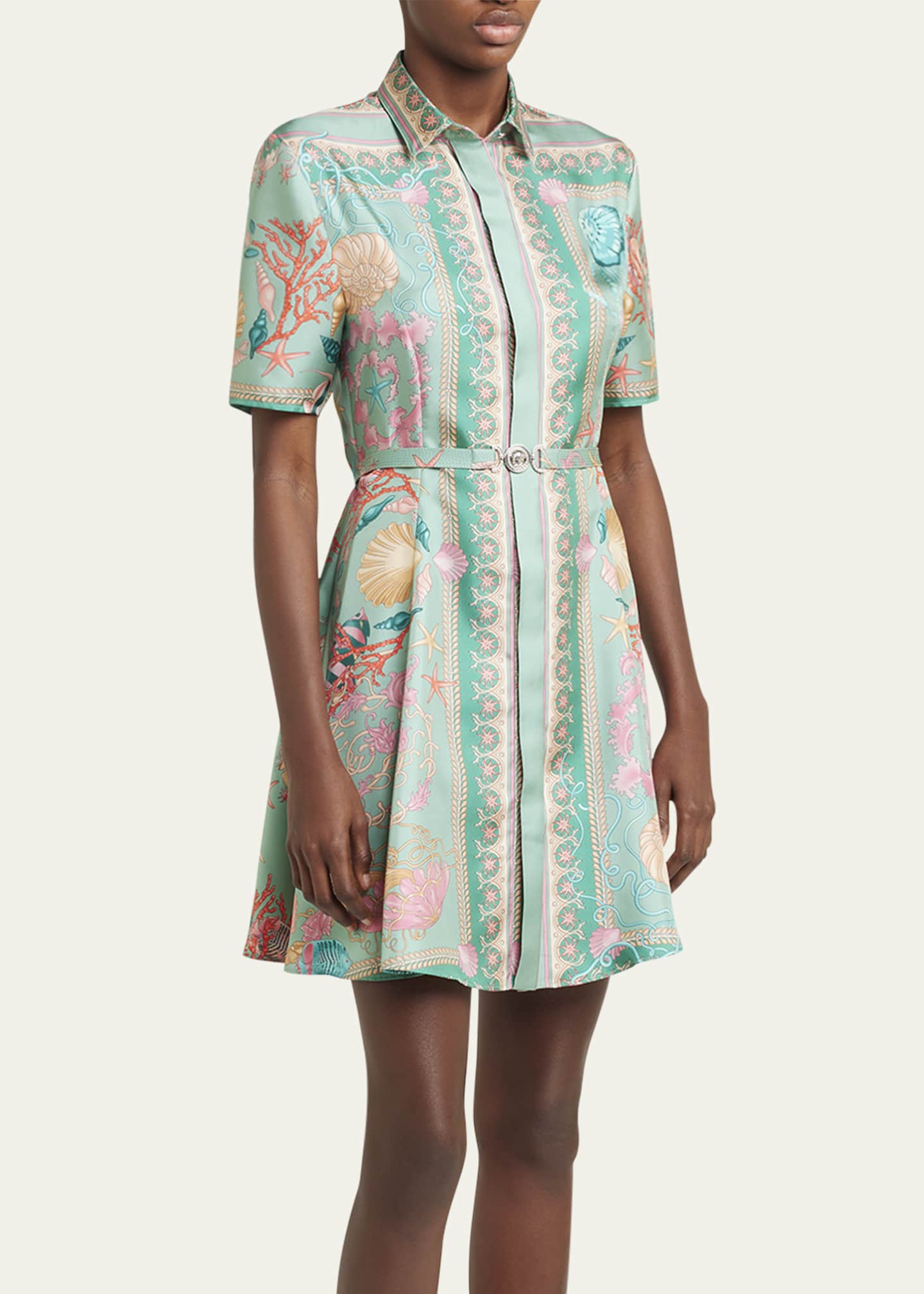 Versace Underwater Barocco Foulard Belted Silk Twill Dress Image 4 of 5