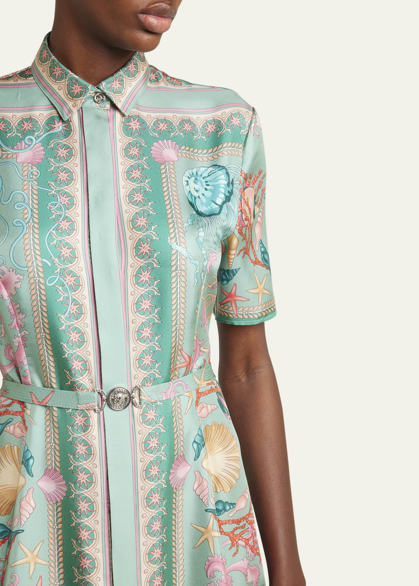 Versace Underwater Barocco Foulard Belted Silk Twill Dress Image 5 of 5