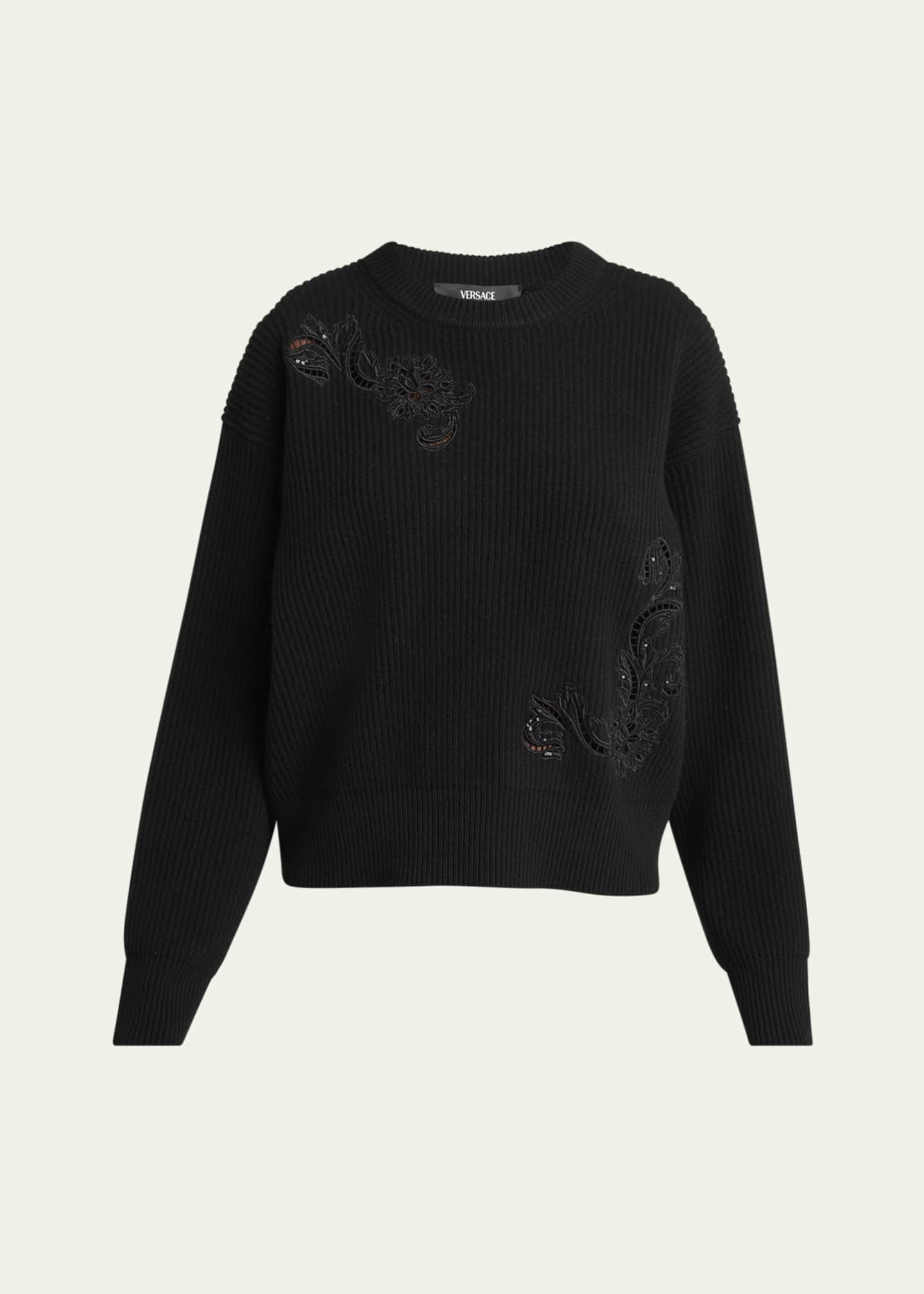 Versace Sequined Barocco Leaf Embroidered Wool Sweater Image 1 of 5