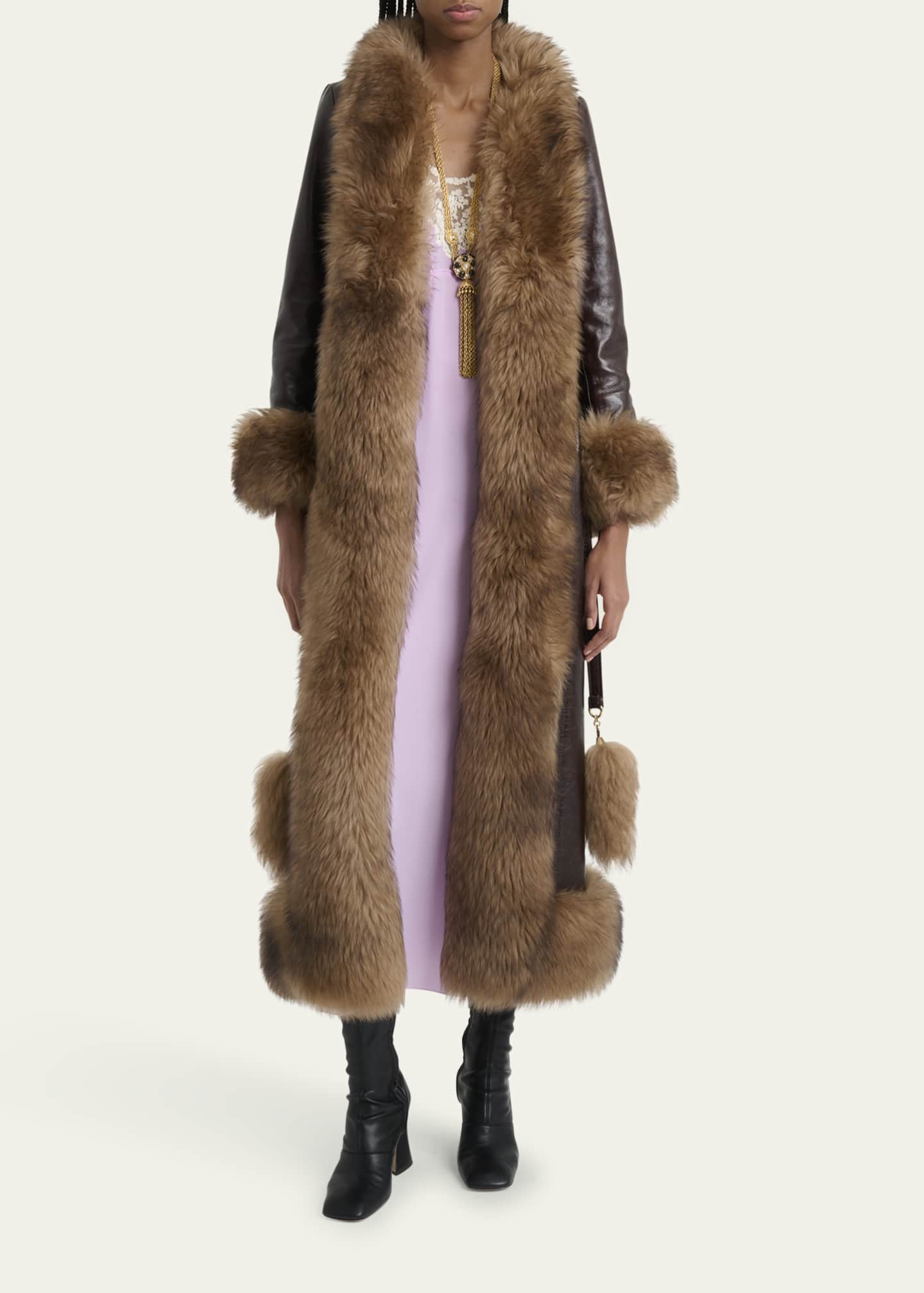 Chloe Lamb Shearling-Trim Shiny Leather Long Coat Image 2 of 5
