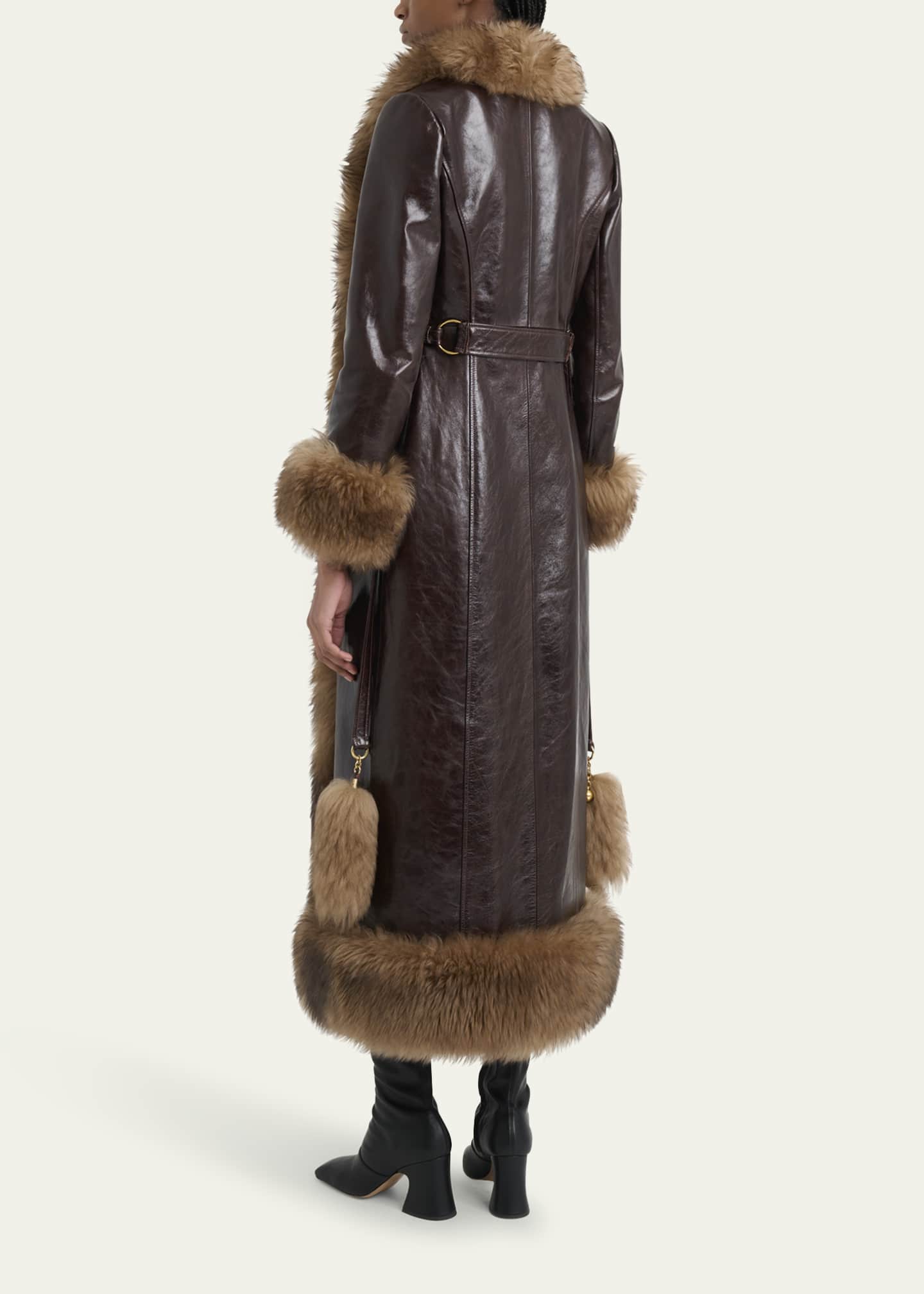 Chloe Lamb Shearling-Trim Shiny Leather Long Coat Image 3 of 5