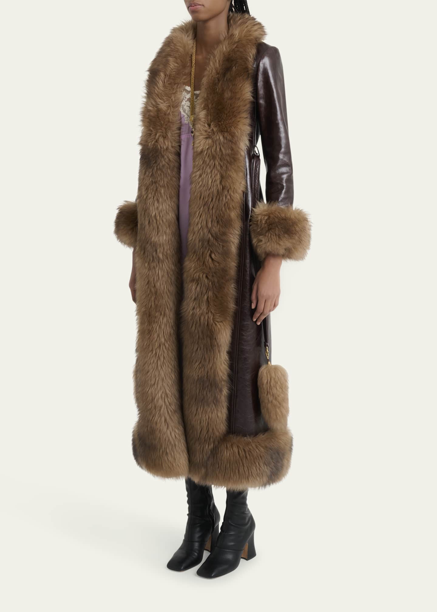 Chloe Lamb Shearling-Trim Shiny Leather Long Coat Image 4 of 5