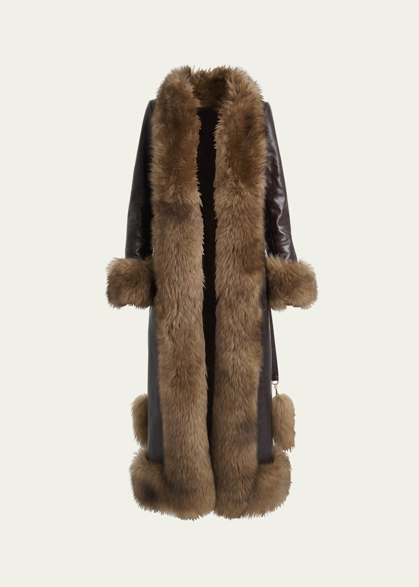Chloe Lamb Shearling-Trim Shiny Leather Long Coat Image 1 of 5