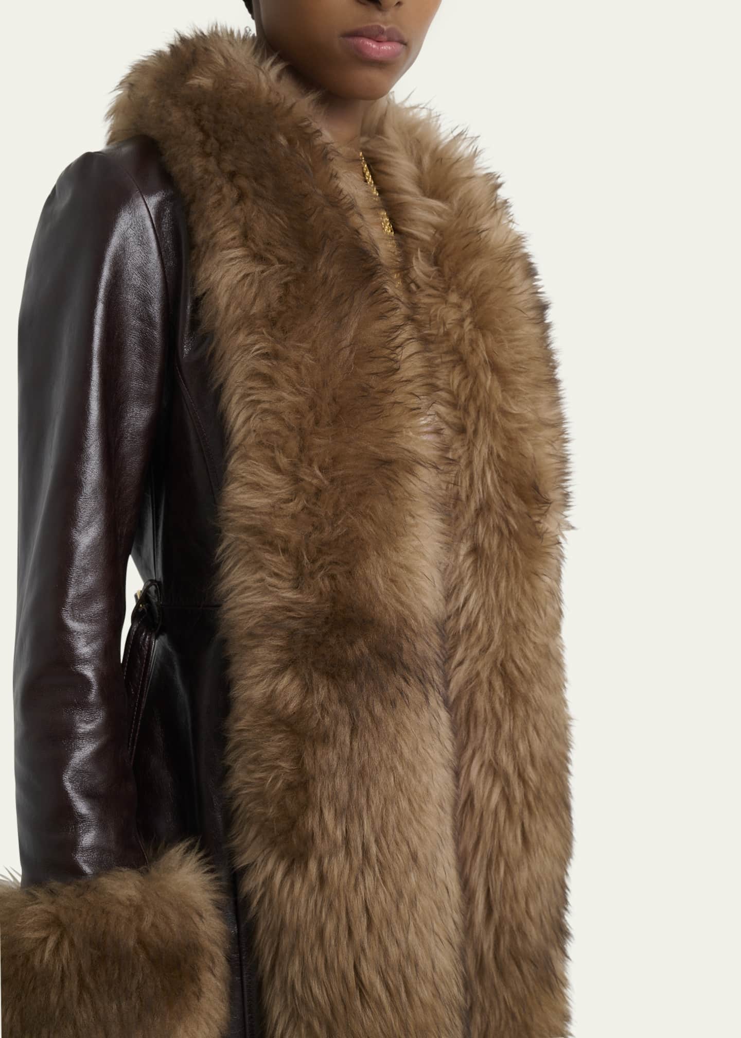 Chloe Lamb Shearling-Trim Shiny Leather Long Coat Image 5 of 5