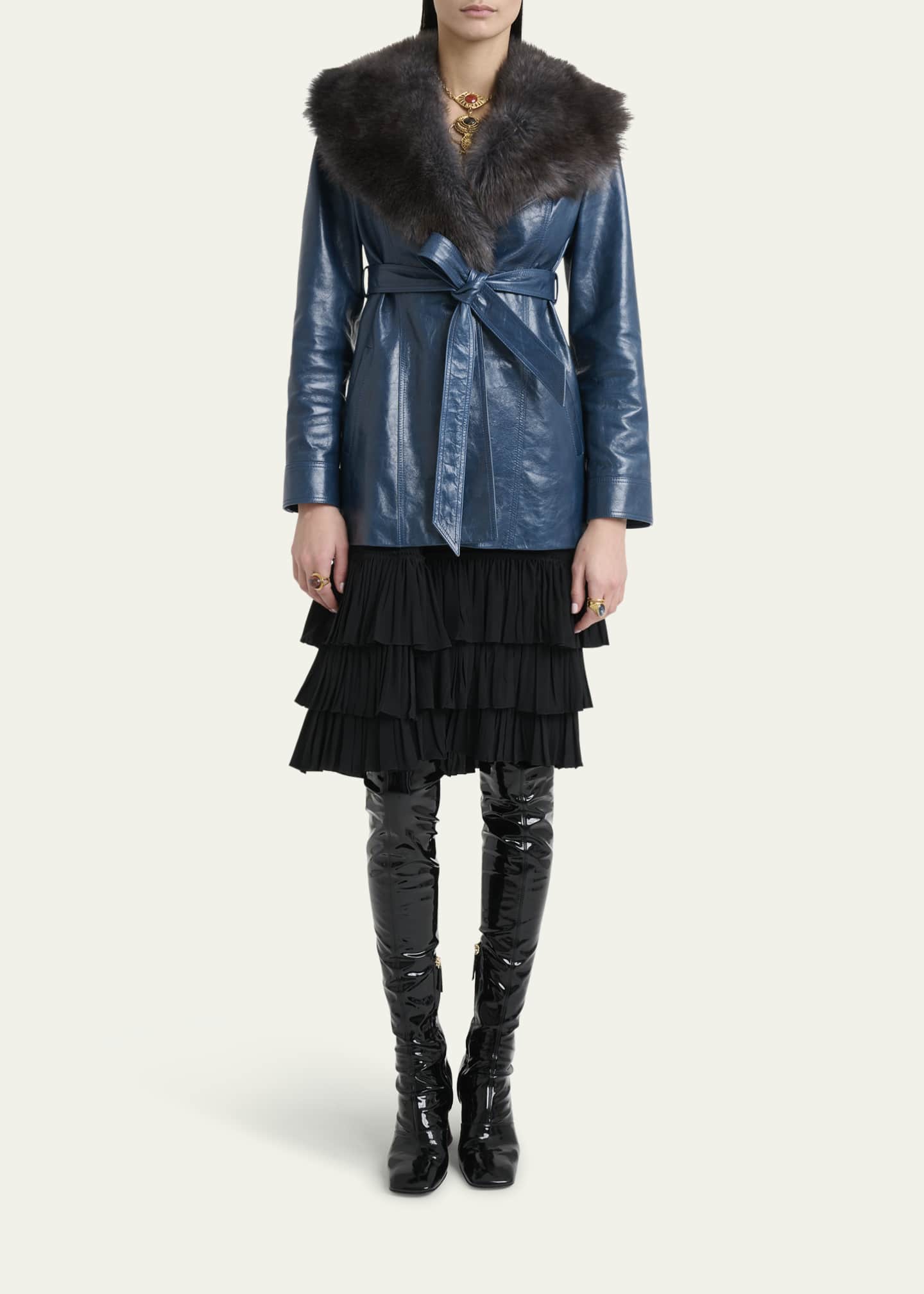 Chloe Lamb Shearling Collar Shiny Leather Short Wrap Coat Image 2 of 5