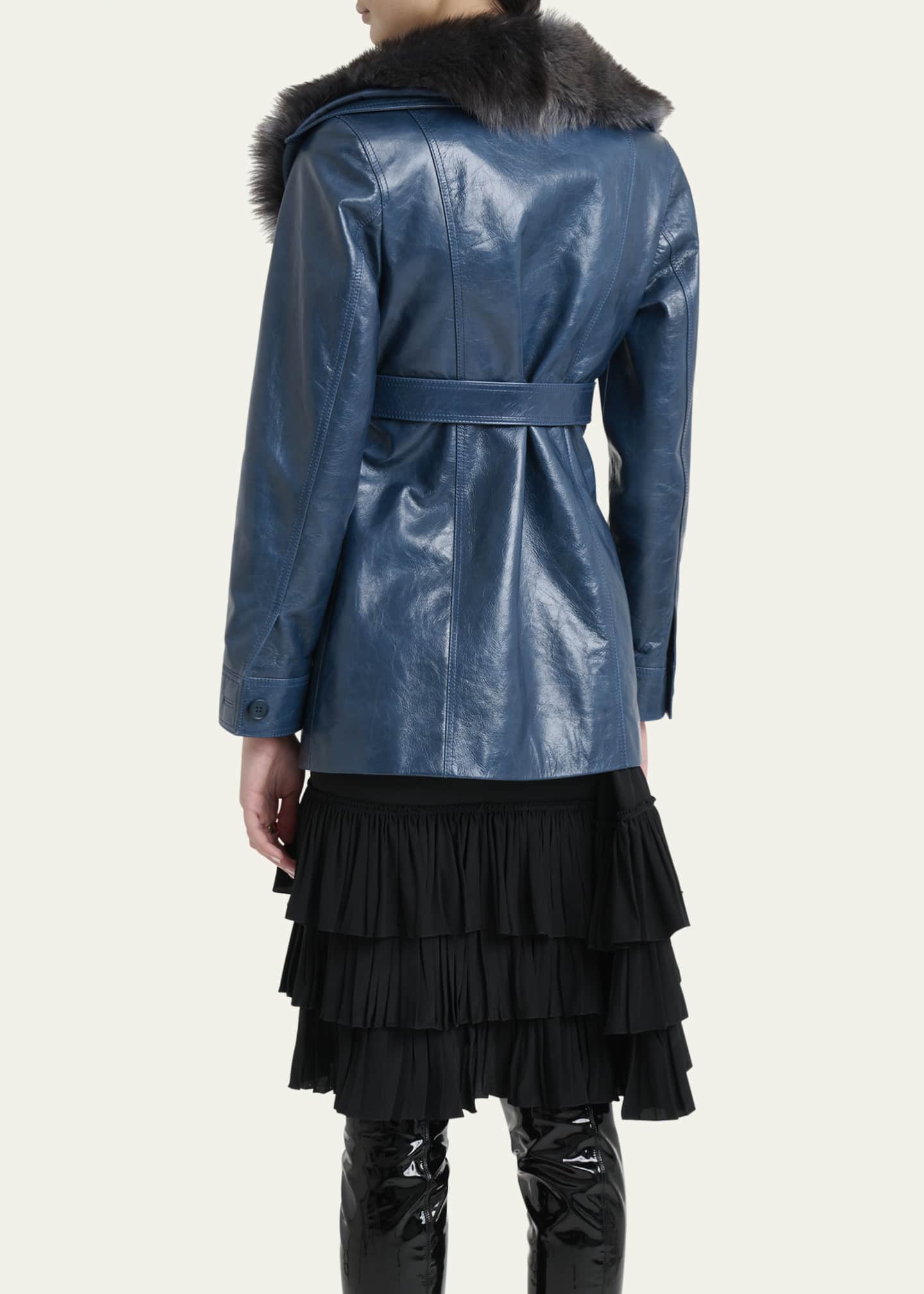 Chloe Lamb Shearling Collar Shiny Leather Short Wrap Coat Image 3 of 5