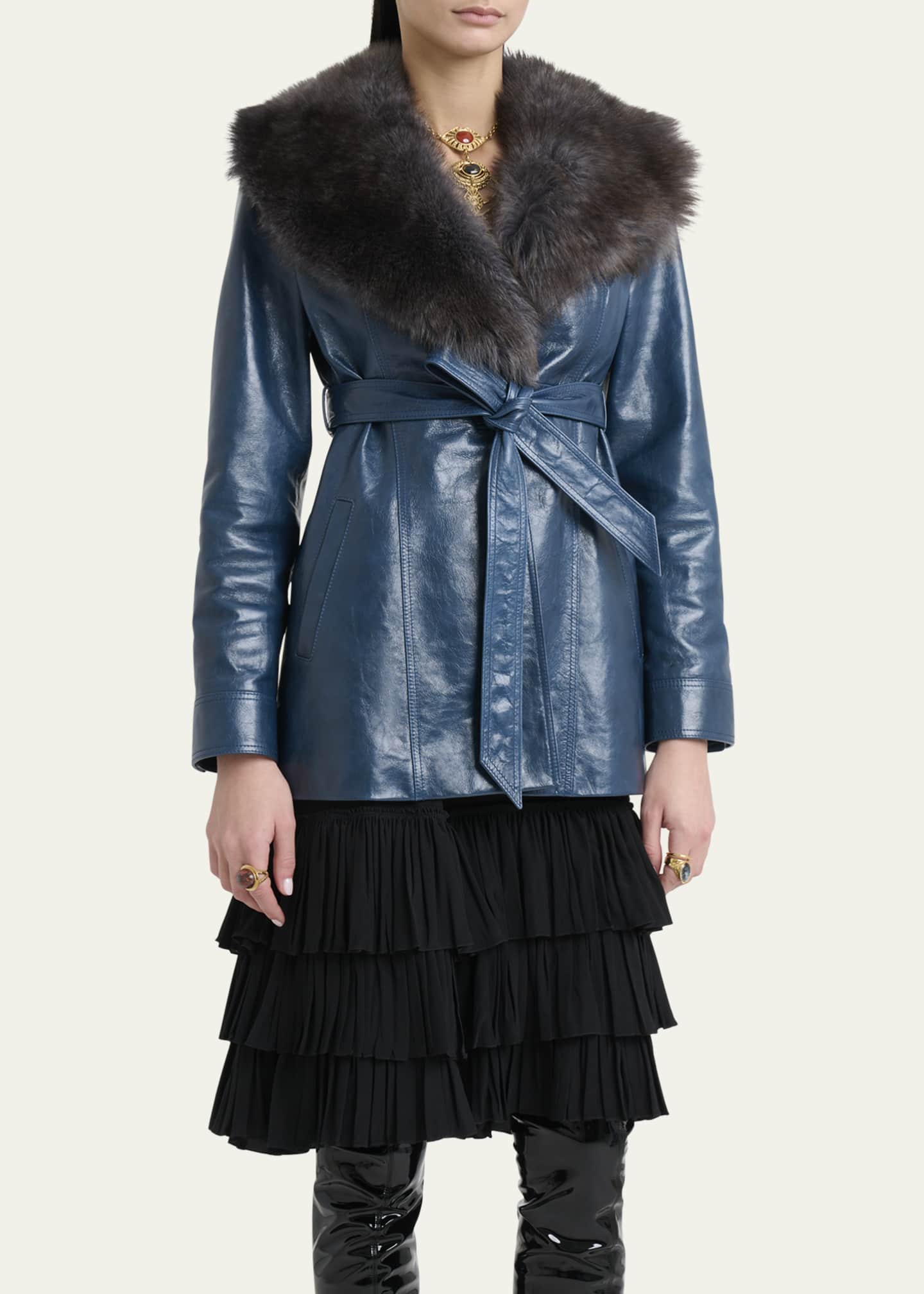Chloe Lamb Shearling Collar Shiny Leather Short Wrap Coat Image 4 of 5