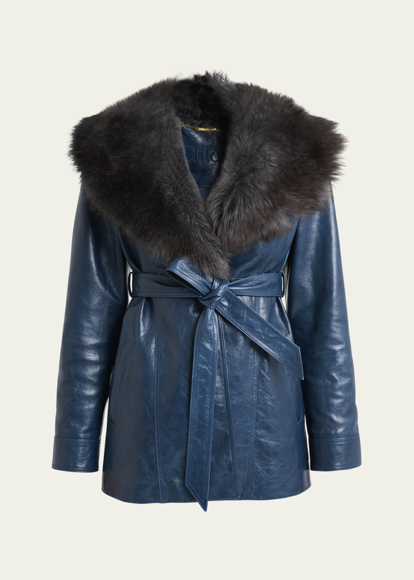 Chloe Lamb Shearling Collar Shiny Leather Short Wrap Coat Image 1 of 5