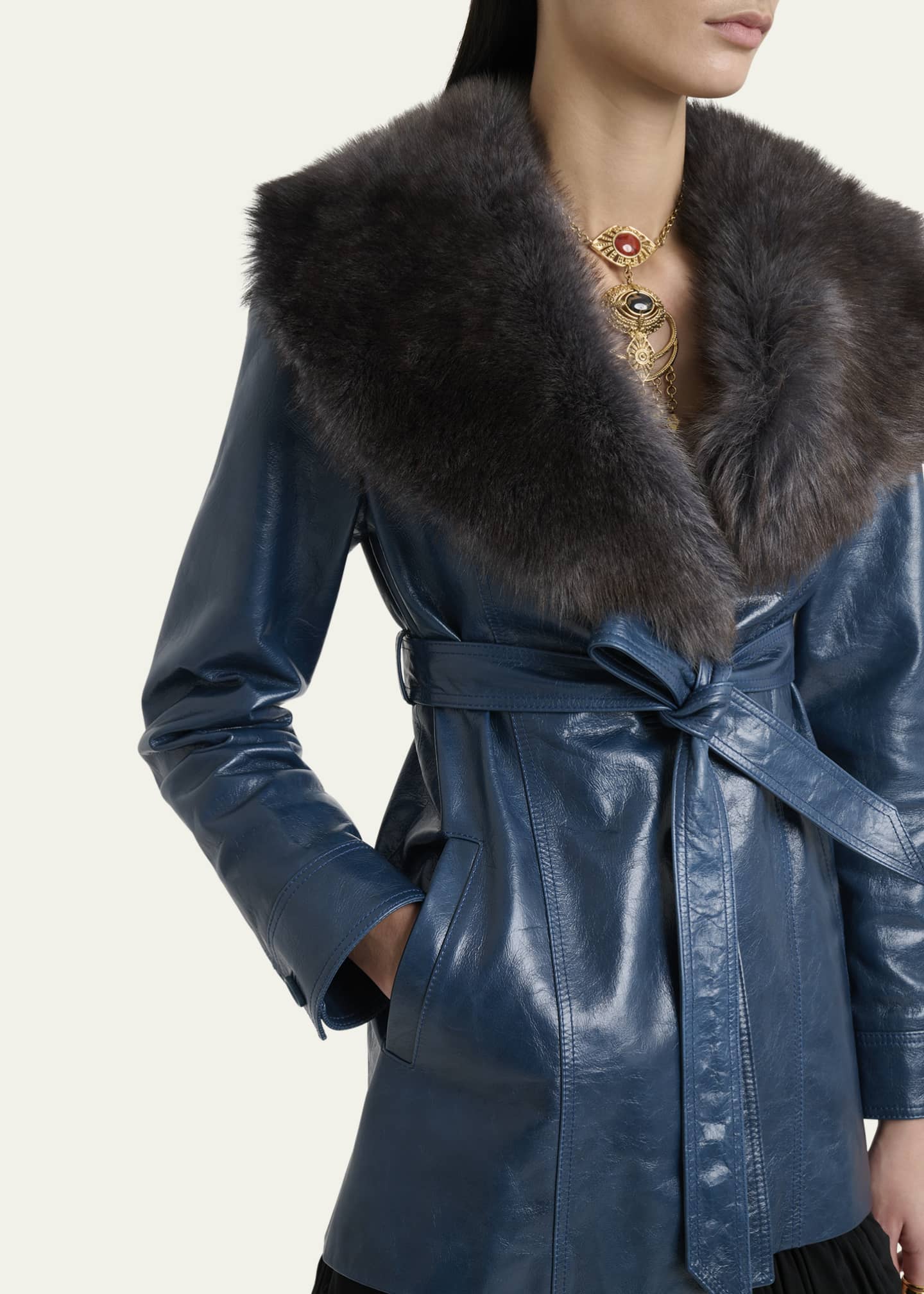 Chloe Lamb Shearling Collar Shiny Leather Short Wrap Coat Image 5 of 5