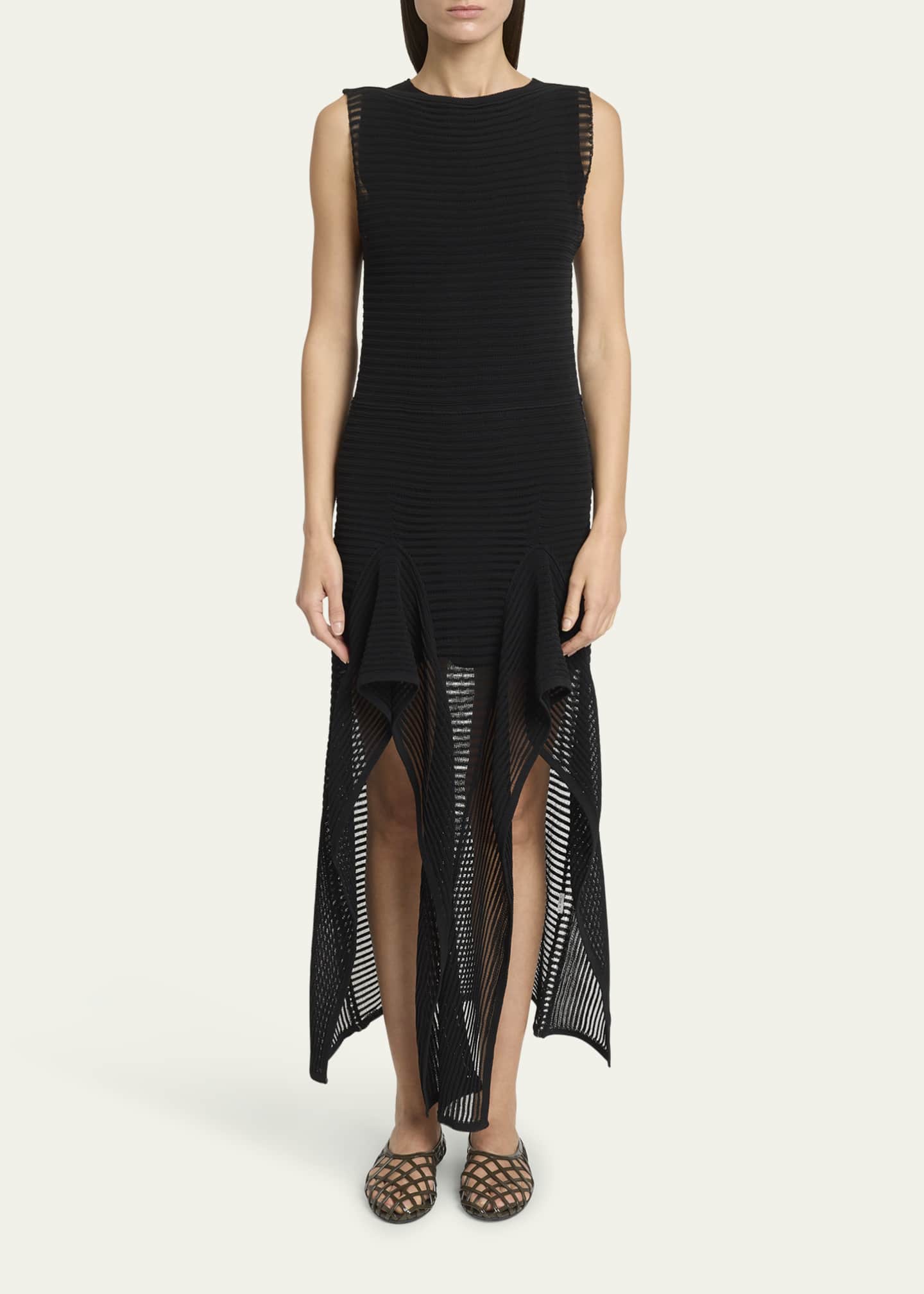 ALAIA Ladder Knit Sleeveless Ruffle-Slits Midi Dress Image 2 of 5