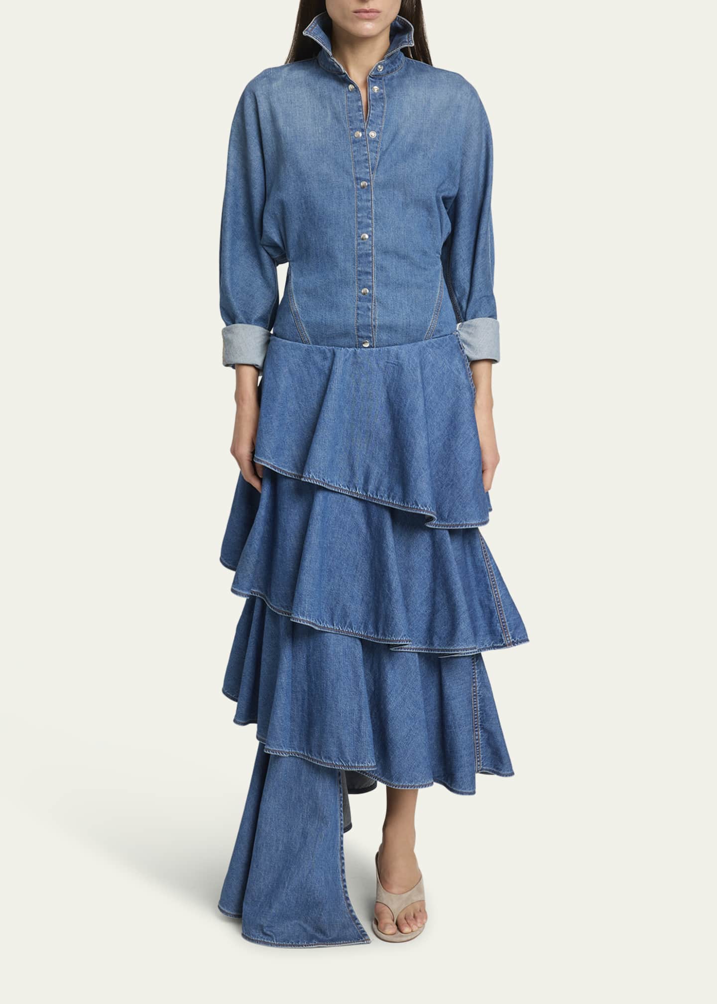 スカート Alaia Spiral Skirt In Denim ALAIA Spiral Ruffle Denim Midi Skirt | Neiman Marcus