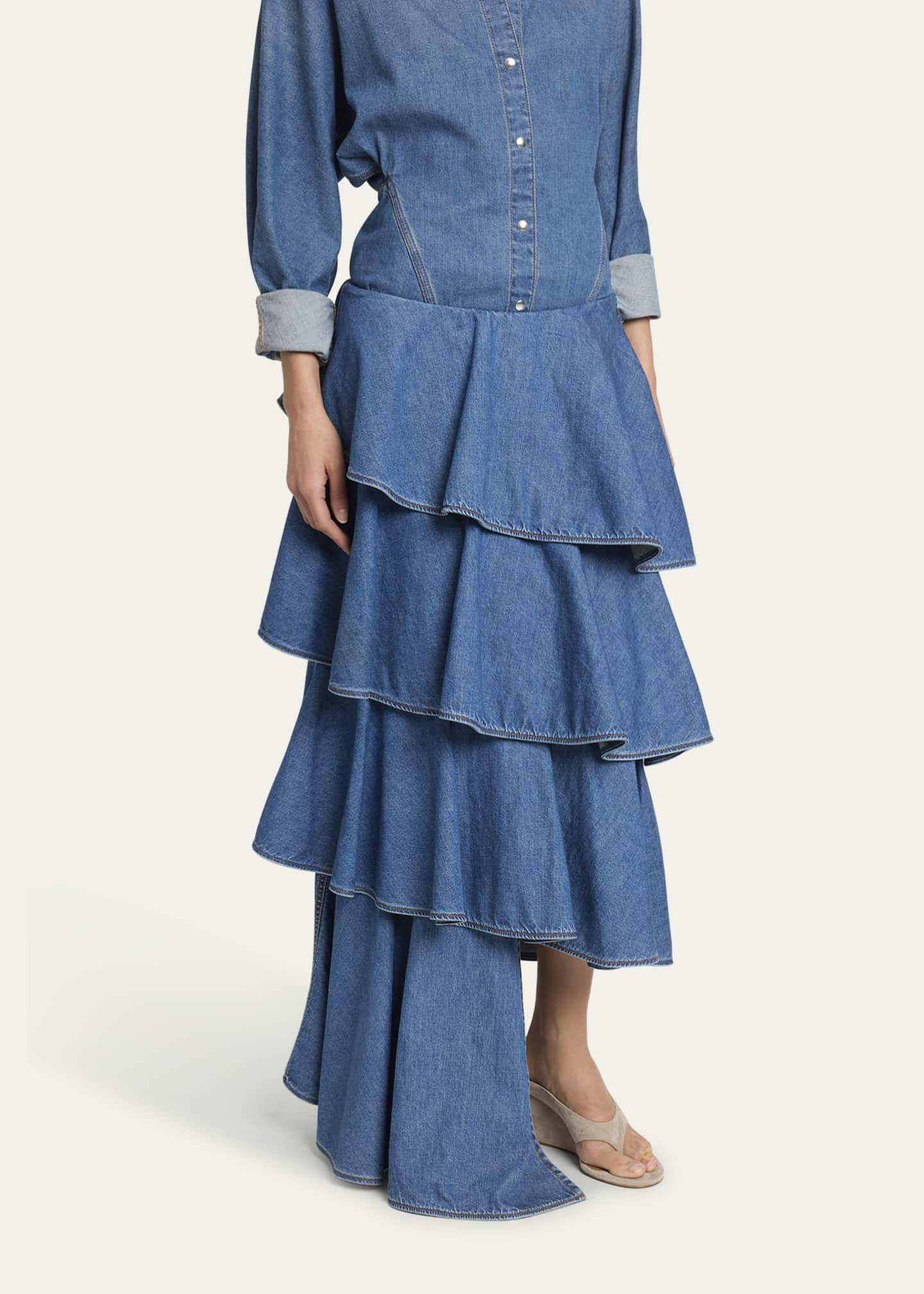 ALAIA Spiral Ruffle Denim Midi Skirt - Bergdorf Goodman